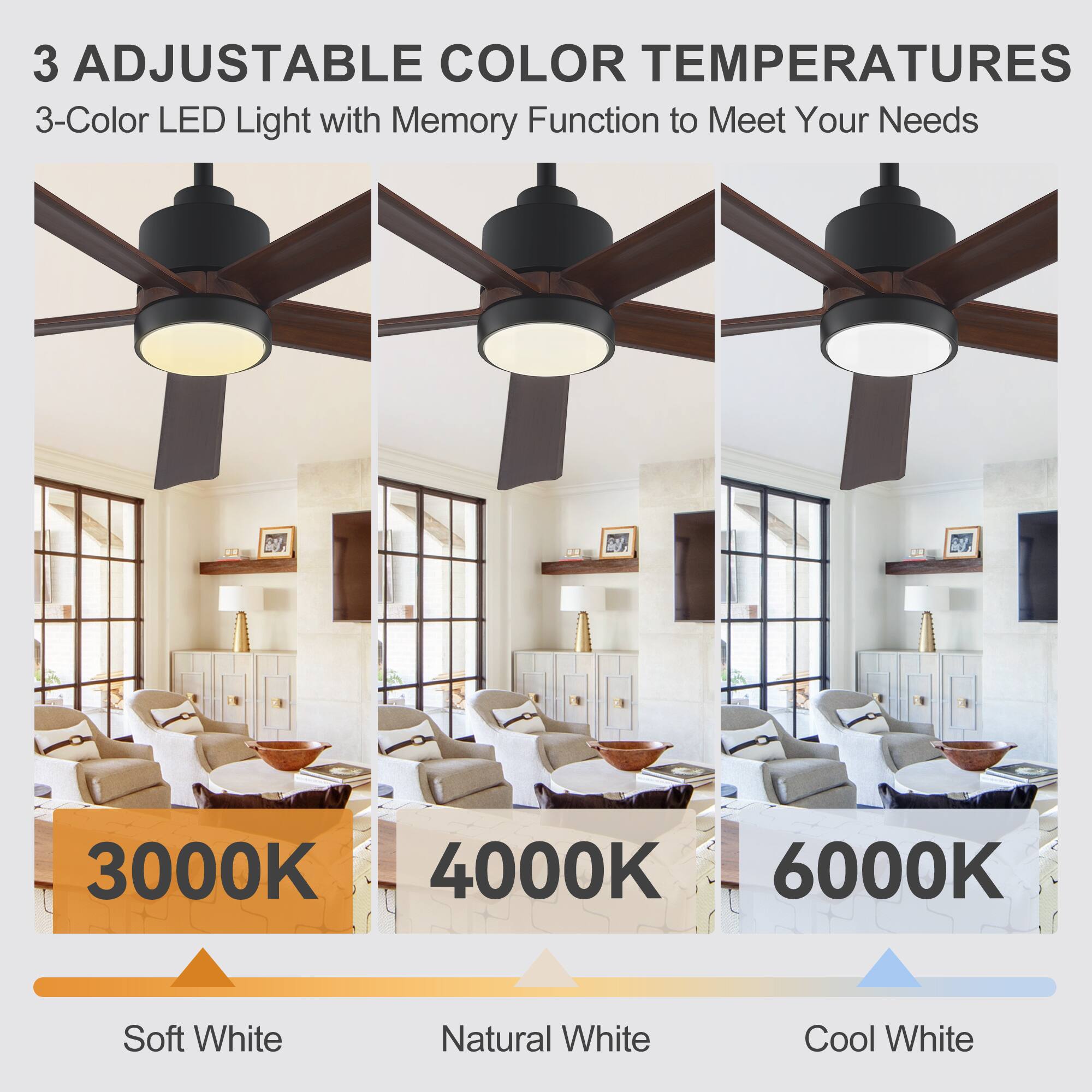 3 Adjustable Color Temperatures  
3-Color LED Light with Memory Function to Meet Your Needs  
3000K Soft White  
4000K Natural White  
6000K Cool White
