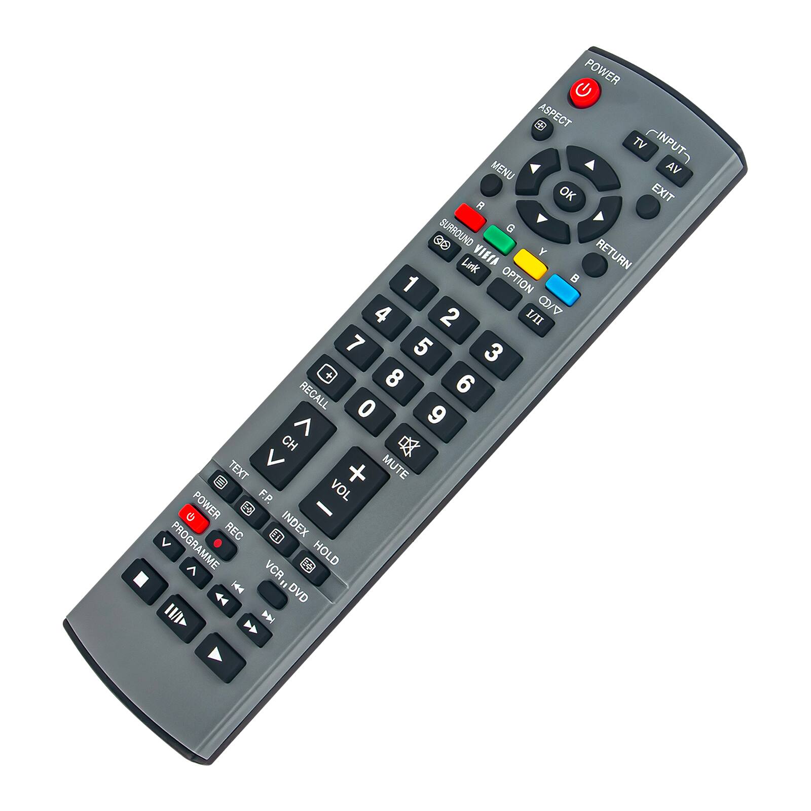 Sure, here is the corrected and grouped text from the image:

- POWER
- ASPECT
- TV
- INPUT
- MENU
- OK
- EXIT
- RETURN
- SURROUND
- LINK
- OPTION
- I/II
- O/V
- CH
- TEXT
- MUTE
- F.P.
- VOL
- REC
- PROGRAMME
- INDEX
- HOLD
- VCR, DVD
- 1
- 2
- 3
- 4
- 5
- 6
- 7
- 8
- 9
- 0
- +
- -
- RECALL
- 44
- H44