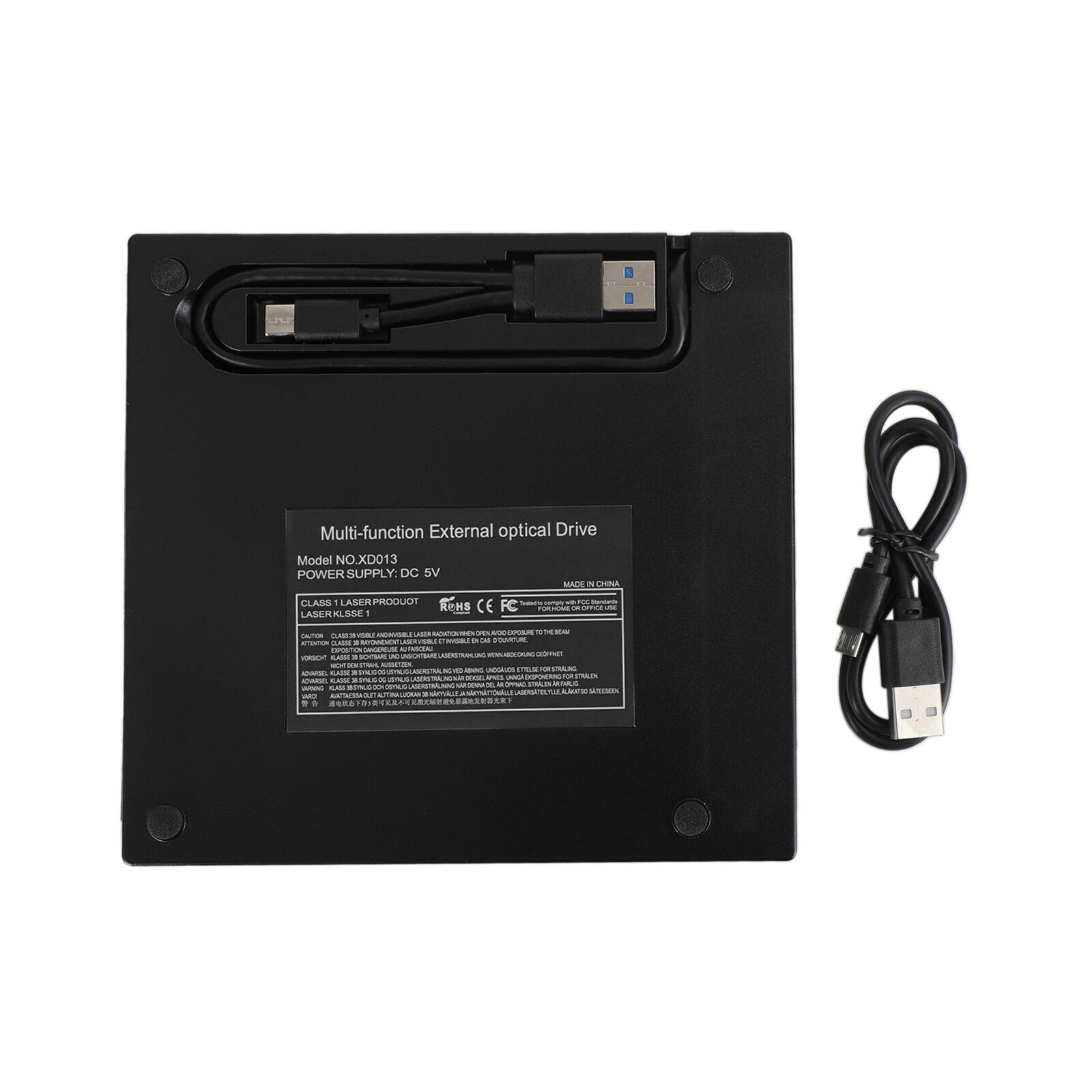 Multi-function External optical Drive  
Model NO. XD013  
POWER SUPPLY: DC 5V  

CLASS 1 LASER PRODUCT  
LASER CLASS 1  
LASER RISK GROUP I  

MADE IN CHINA  

CE  
RoHS  

WARNING:  
This product contains a laser. Do not look directly into the laser beam.  
Do not disassemble or modify the product.  
Do not expose the product to moisture or extreme temperatures.  
Do not use the product if it is damaged.  

For more information, refer to the user manual.