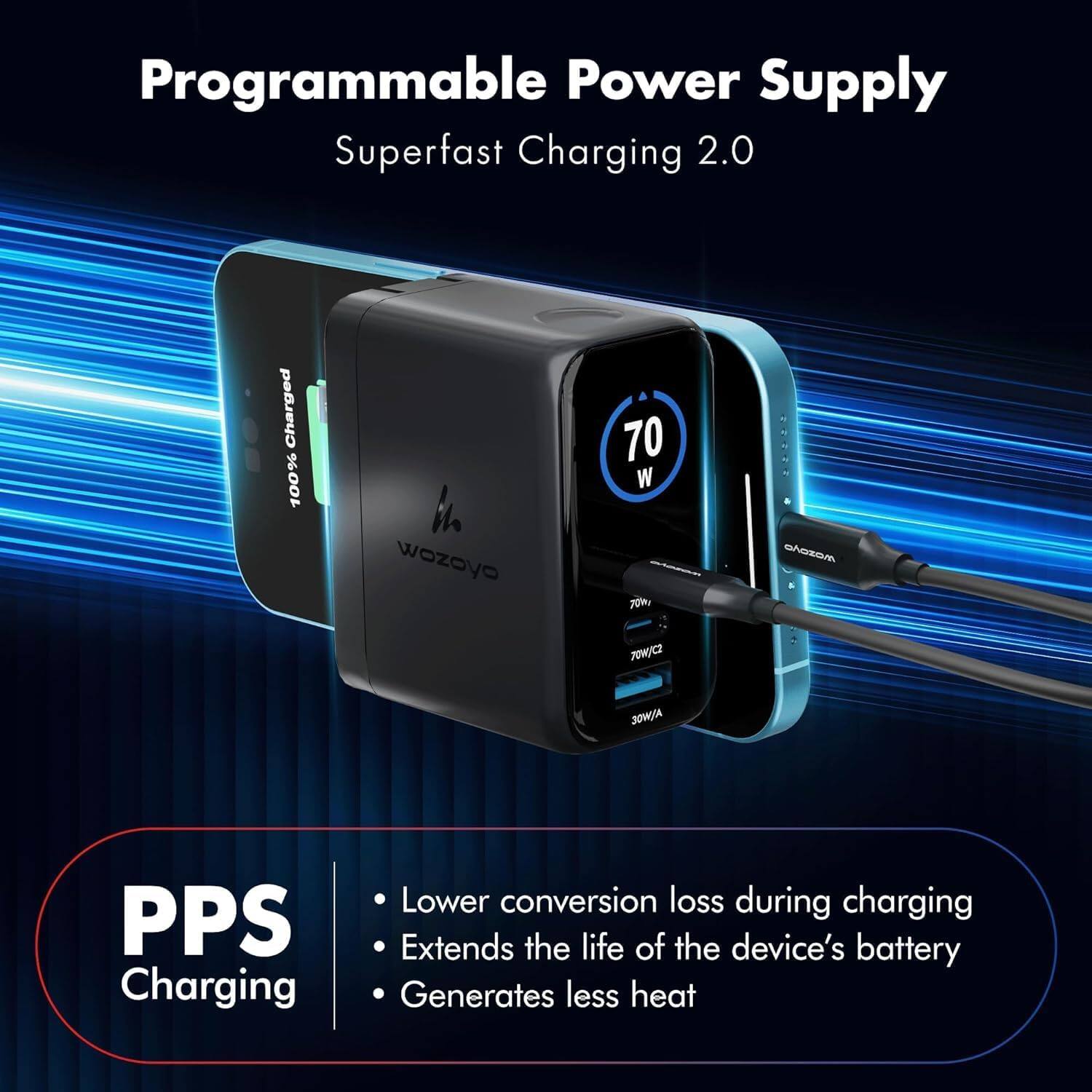 Programmable Power Supply Superfast Charging 2.0

Charged 100%

A wozoyo

70 W 70h, 70W/C2

MOSONO

30W/A

PPS Charging

Lower conversion loss during charging
Extends the life of the device's battery
Generates less heat