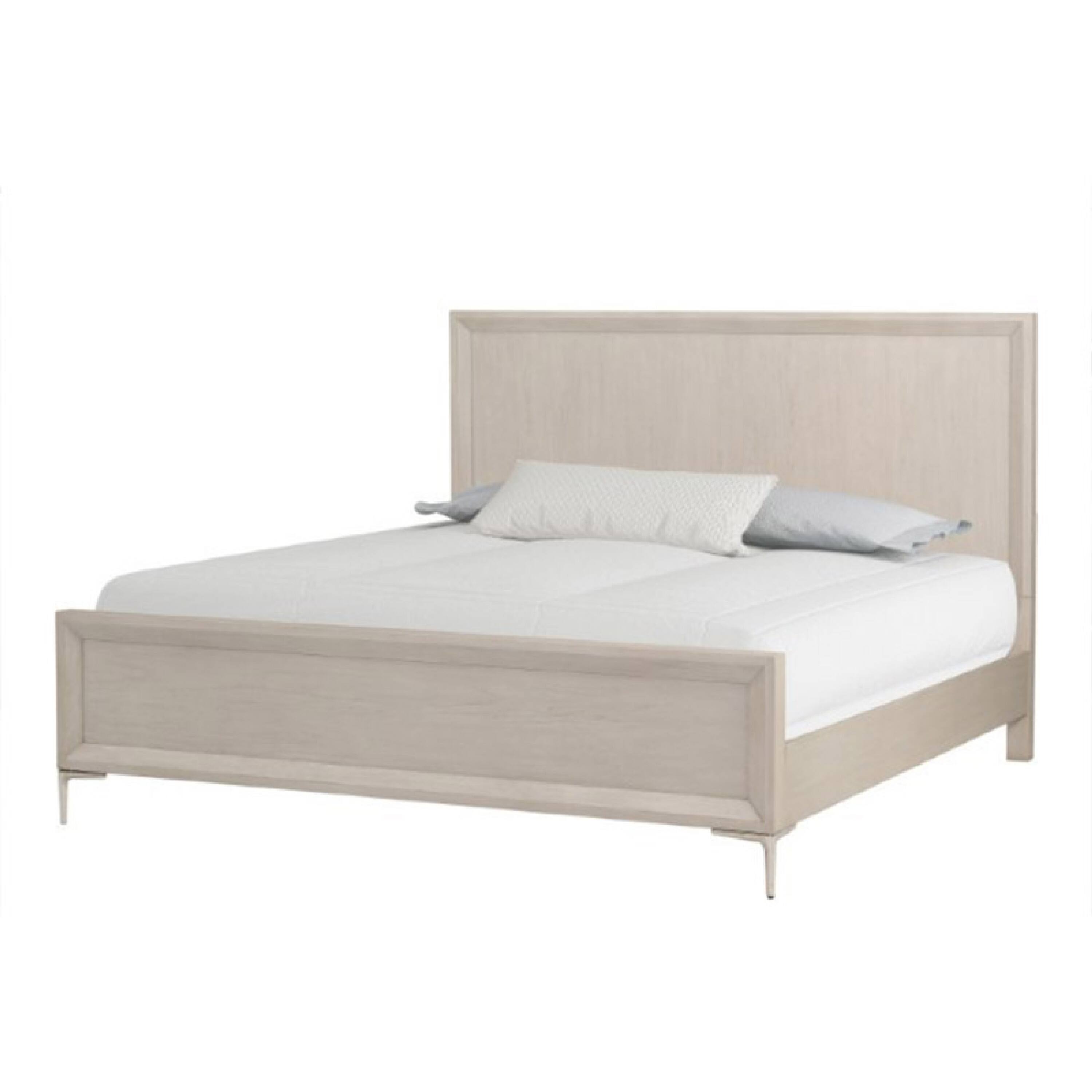 Front. Manhattan Lane - Kaira Queen Size Bed with Metal Accents, Natural Oak Solid Rubberwood - Natural Oak Brown, Champagne.