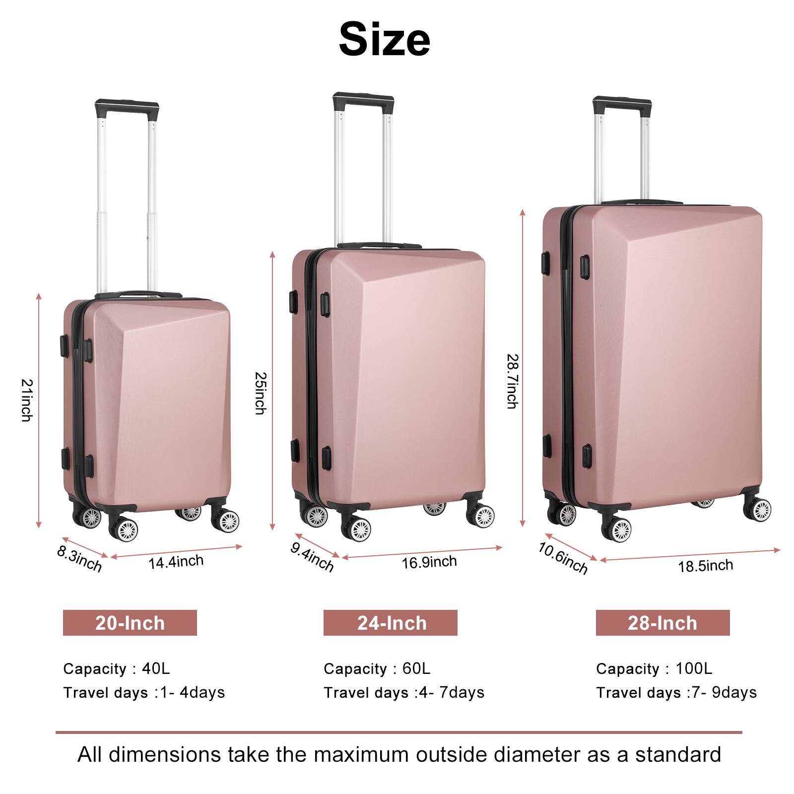Size

20-Inch  
- Height: 21 inch  
- Width: 8.3 inch  
- Depth: 14.4 inch  
- Capacity: 40L  
- Travel days: 1-4 days  

24-Inch  
- Height: 25 inch  
- Width: 9.4 inch  
- Depth: 16.9 inch  
- Capacity: 60L  
- Travel days: 4-7 days  

28-Inch  
- Height: 28.7 inch  
- Width: 10.6 inch  
- Depth: 18.5 inch  
- Capacity: 100L  
- Travel days: 7-9 days  

All dimensions take the maximum outside diameter as a standard