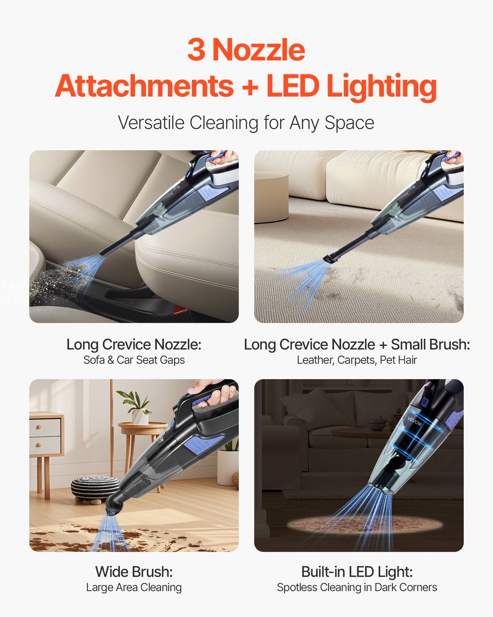 3 Nozzle Attachments + LED Lighting  
Versatile Cleaning for Any Space  

- Long Crevice Nozzle: Sofa & Car Seat Gaps  
- Long Crevice Nozzle + Small Brush: Leather, Carpets, Pet Hair  
- Wide Brush: Large Area Cleaning  
- Built-in LED Light: Spotless Cleaning in Dark Corners