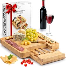 Zulay Kitchen - Premium Bamboo Cheese Board with 4 Piece Knife Set (Party Set) - Brown