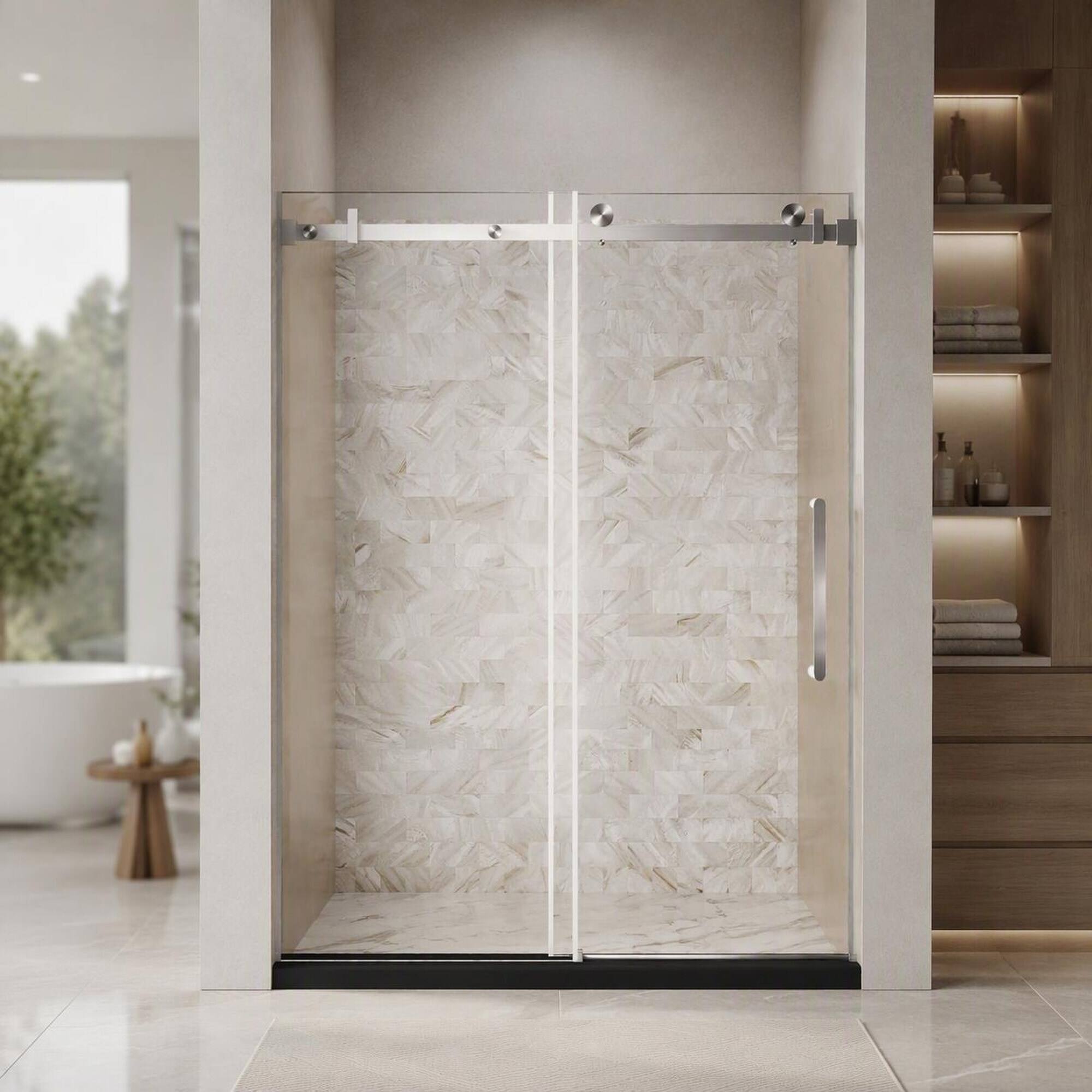 Front. RYHNUYNE - Frameless Single Sliding Shower Door 56-60" W X 76" H With 1/4" Tempered Glass, Brushed Nickel Square Tube Track - Brushed Nickel.