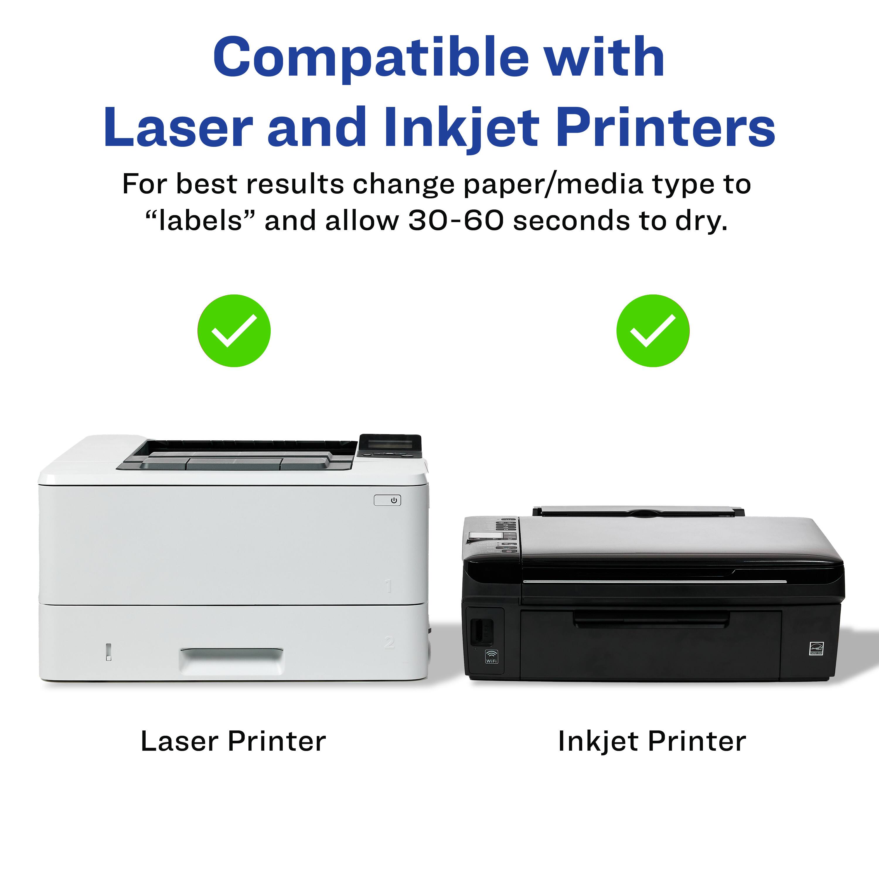 Compatible with Laser and Inkjet Printers  
For best results change paper/media type to "labels" and allow 30-60 seconds to dry.  

Laser Printer  
Inkjet Printer