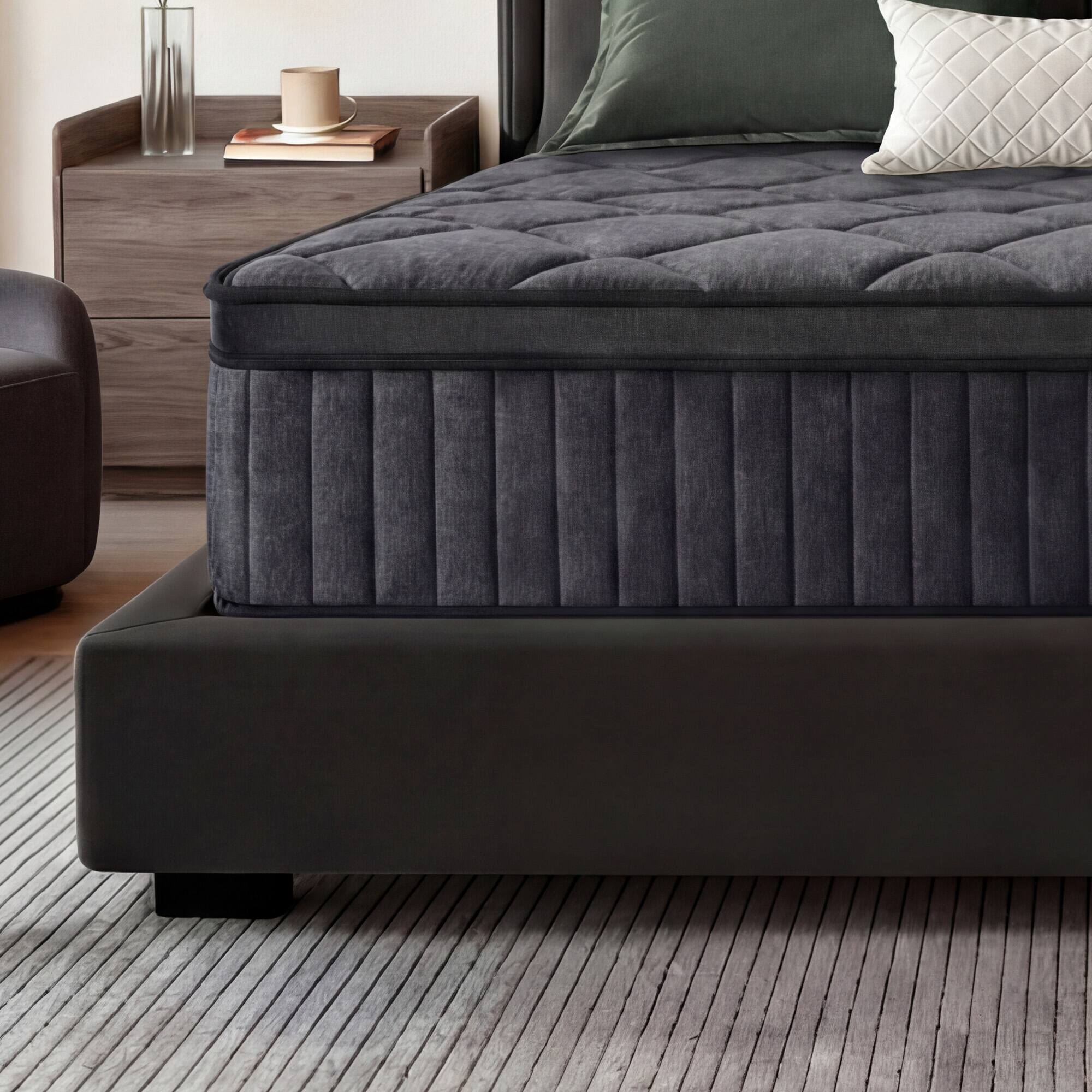 Left. Dyonery - 12 Inch Hybrid Mattress in a Box with Memory Foam Individual Pocket Springs, Fiberglass Free, CertiPUR-US Certified - Black.