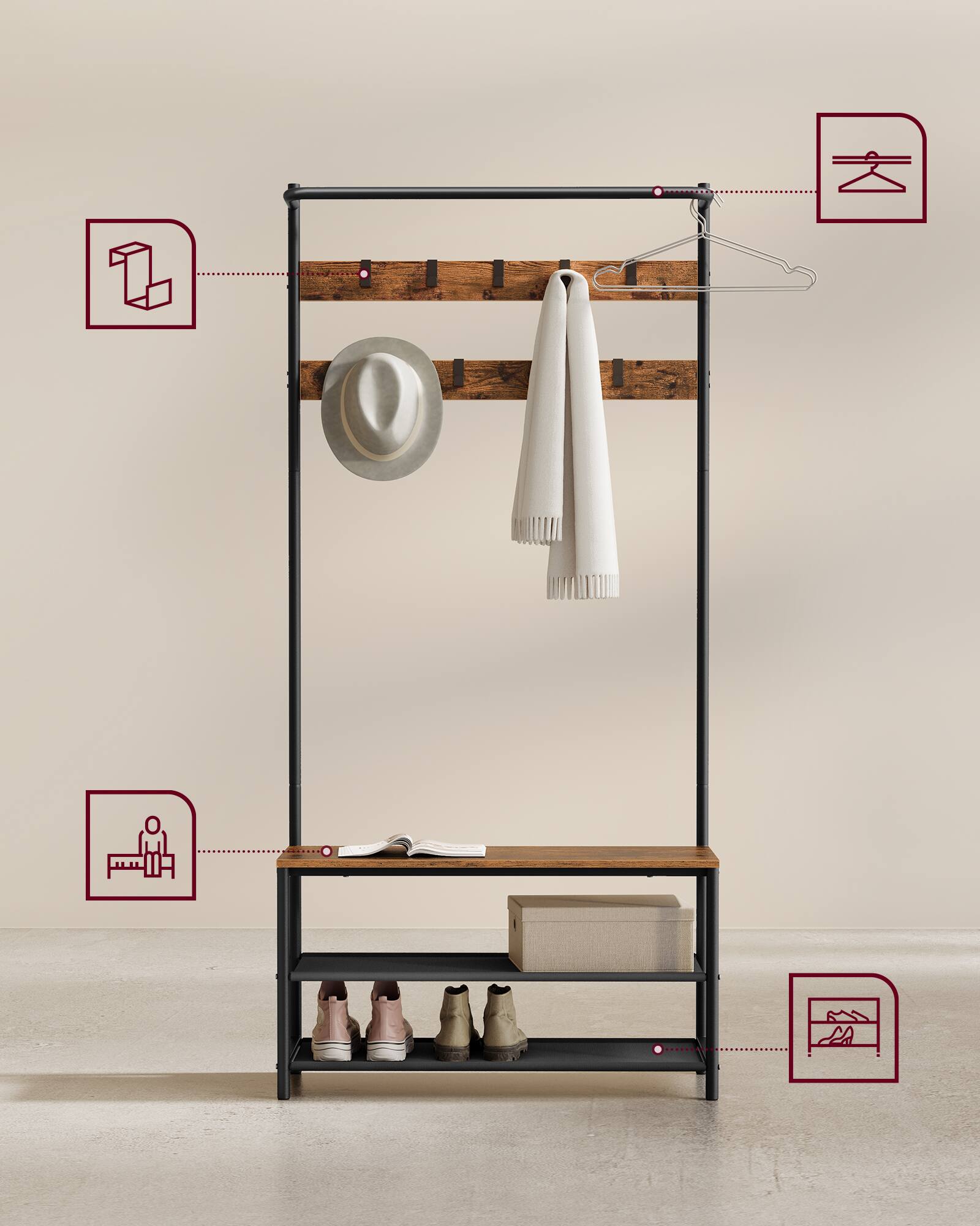 Left. Songmics Home - Hall Tree with Bench and Shoe Storage, Entryway Bench with Coat Rack Stand and Shoe Rack, 9 Movable Hooks, Top Bar - Rustic Brown and Black.