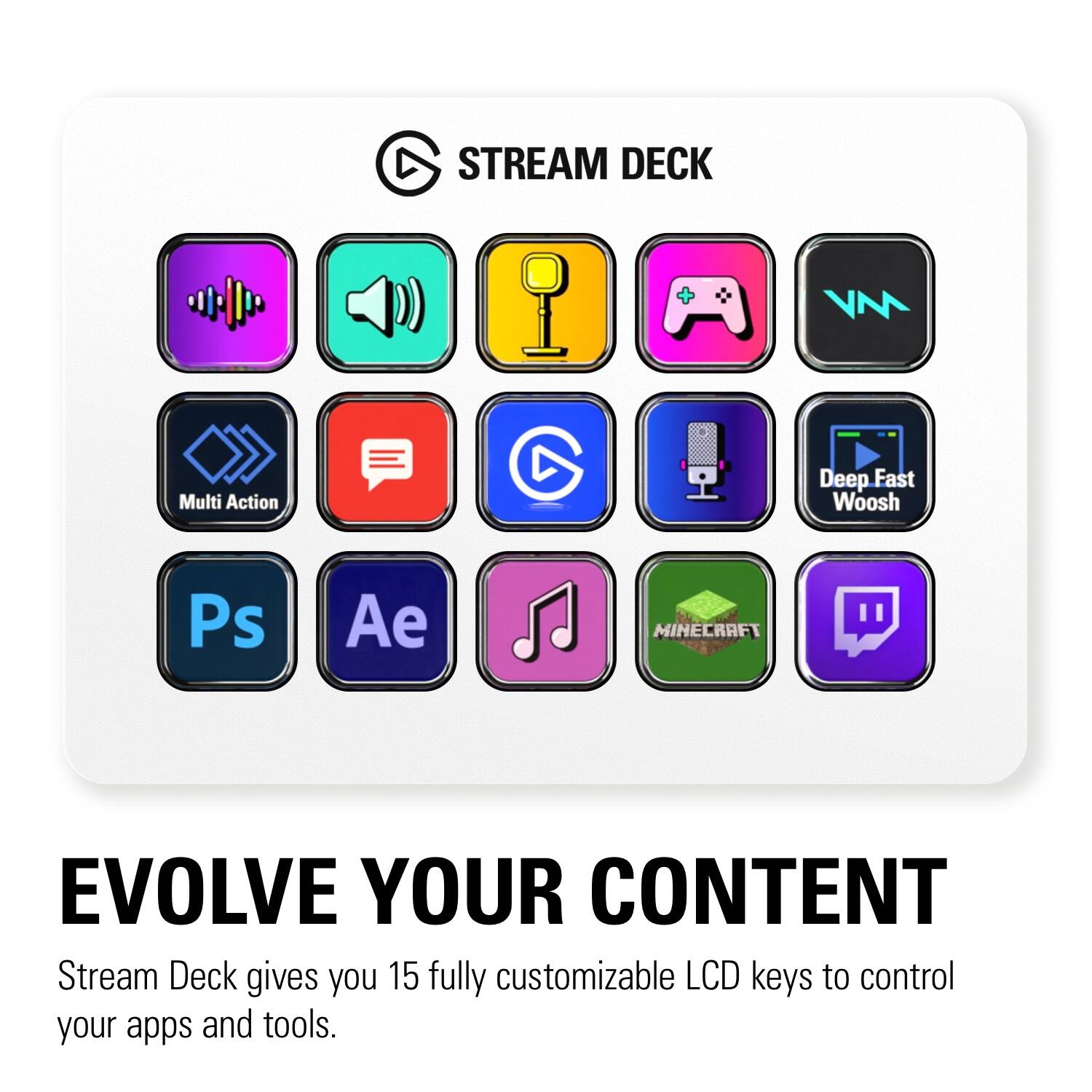 Stream Deck gives you 15 fully customizable LCD keys to control your apps and tools. Evolve your content with Stream Deck.