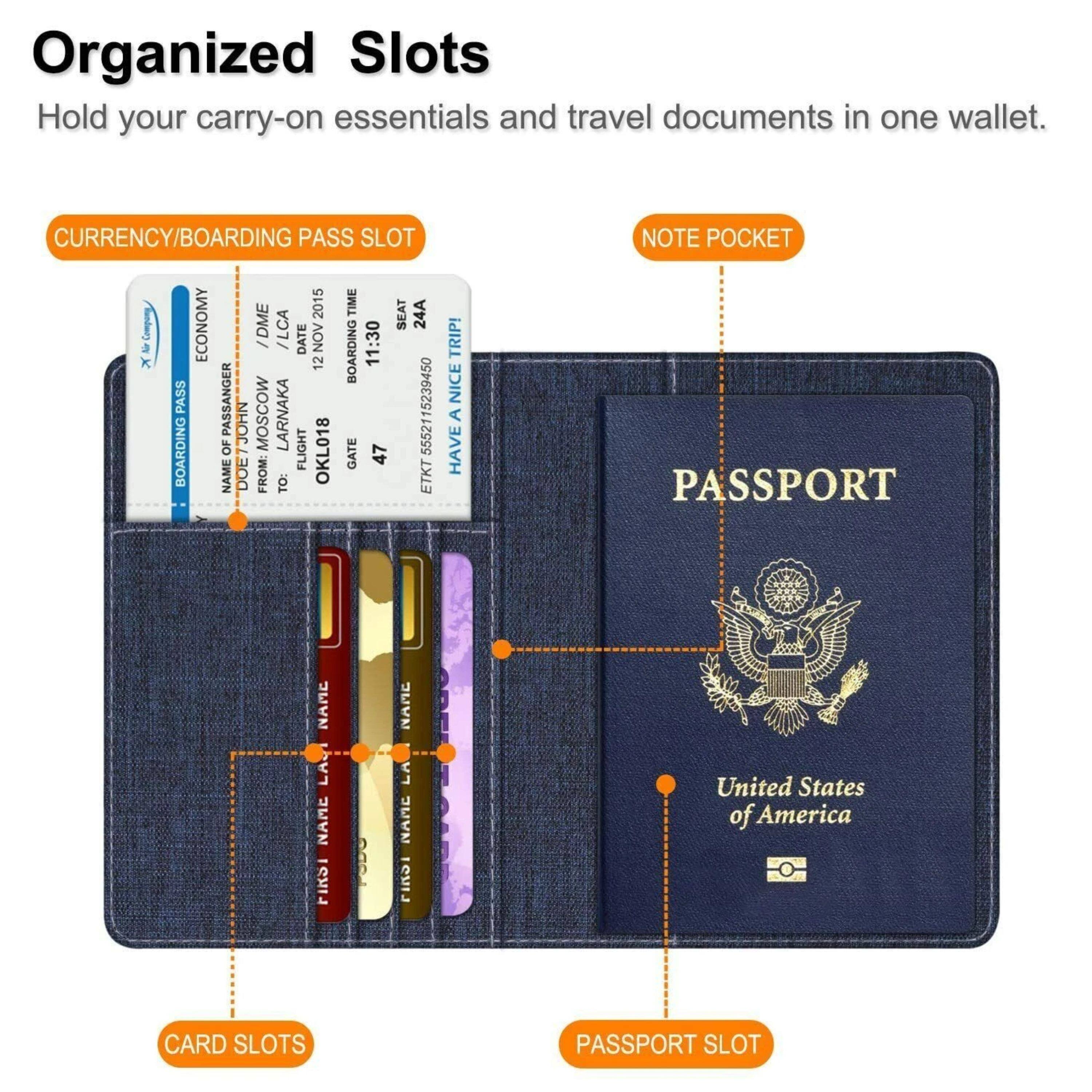 Organized Slots  
Hold your carry-on essentials and travel documents in one wallet.  

CURRENCY/BOARDING PASS SLOT  
2015 TIME SEAT 24A  
Rundr ECONOMY /DME /LCA DATE NOV x a 12 BOARDING 11:30 PASS  
PASSANGER MOSCOW 5552115239450 BOARDING OF JOHN LARNAKA FLIGHT OKL018 GATE 47  
NAME DOE FROM: TO: ETKT TRIP!  

NOTE POCKET  
PASSPORT  
NAME LAU NAME FIKSI NANE LA NARE FInDi  

CARD SLOTS  
PASSPORT SLOT