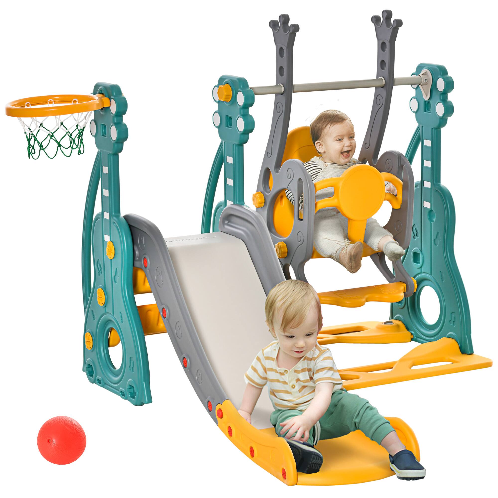 Qaba - 3 in 1 Toddler Swing and Slide Set, Kids Slide with Climber, Basketball Hood, Baby Playground Set, Ages 1.5-3