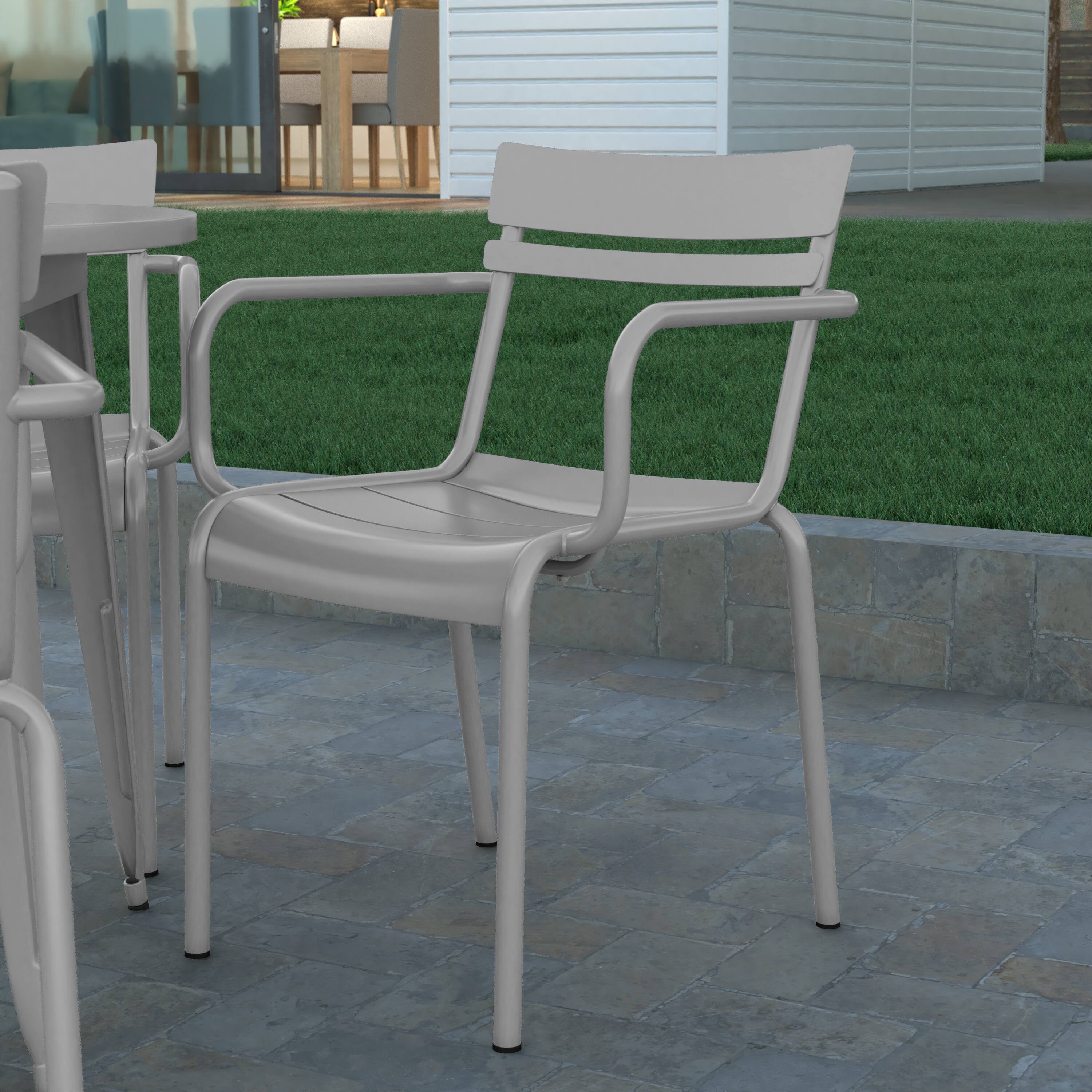 Front. Emma + Oliver - Rennes Powder Coated Steel Stacking Dining Chair with Arms and 2 Slat Back for Indoor-Outdoor Use - Silver.