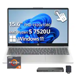 HP - Upgraded - 15.6" FHD Touch Laptop,AMD Ryzen 5 7520U,AMD Radeon Graphics,8GB RAM,2TB SSD+160GB Docking Station,Win 11 Home - Silver