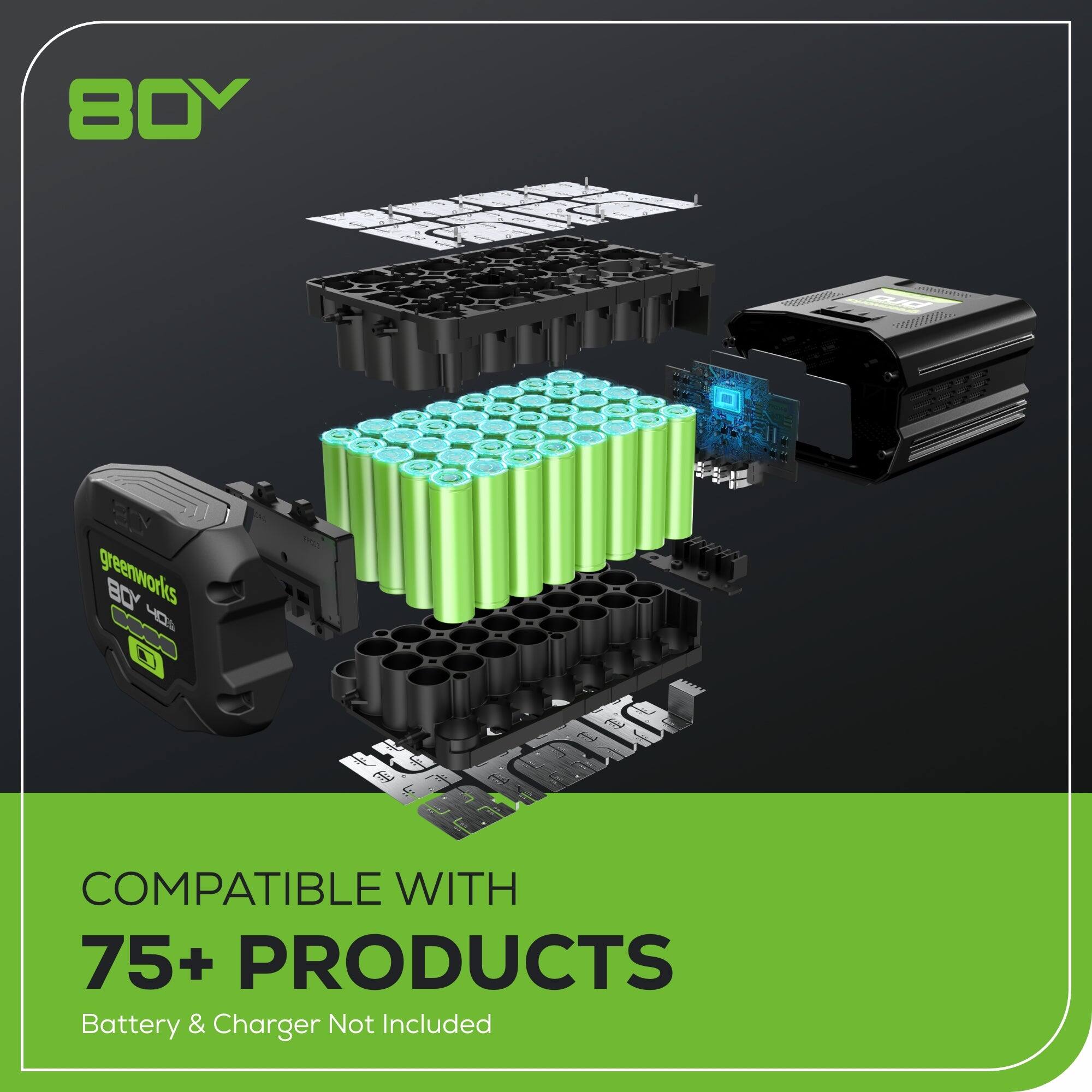 80Y greenworks BC H COMPATIBLE WITH 75+ PRODUCTS  
Battery & Charger Not Included