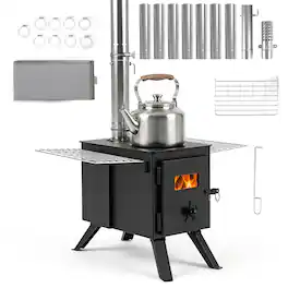 Costway - Hot Tent Stove with Ash Tray, 8.4 ft Wood Burning Stove with 8 Chimney Pipes - Silver and Black