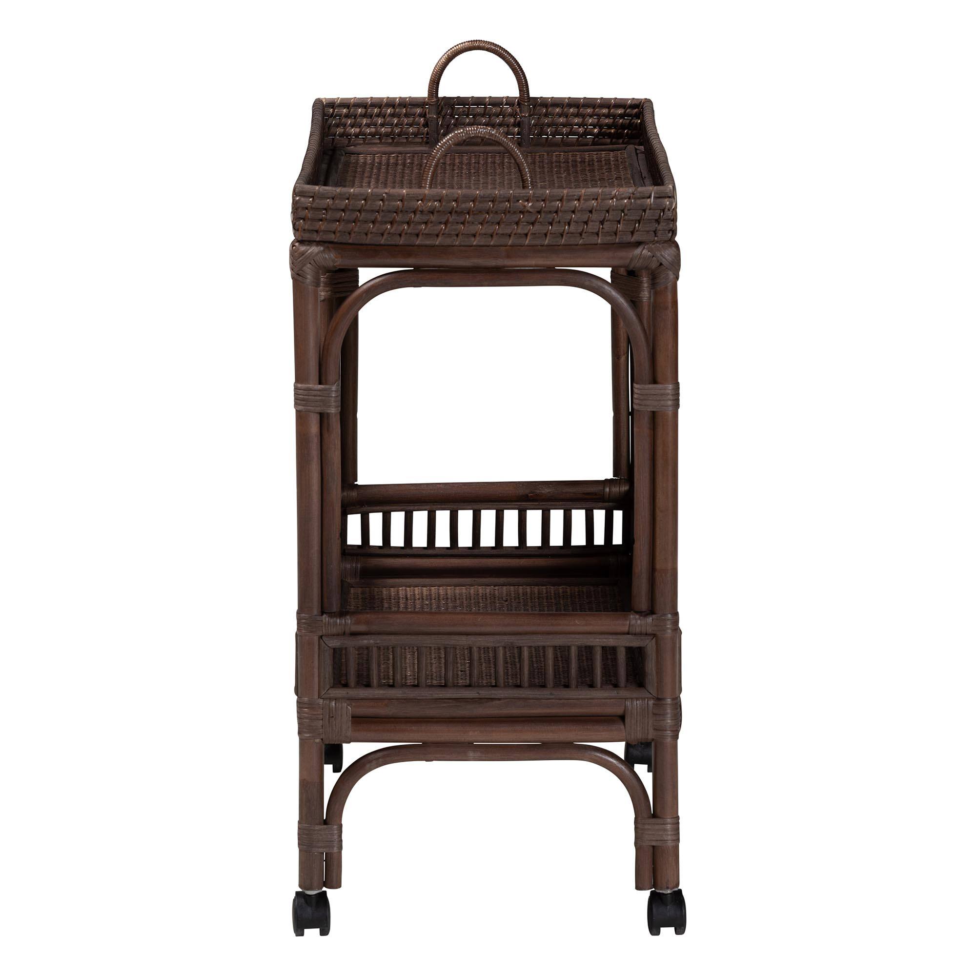 Left. bali & pari - Lombok Natural Rattan Wine Cart - Handwoven Wicker 2-Tier Mobile Bar Cart with Raised Tray Top - Coffee Bean.