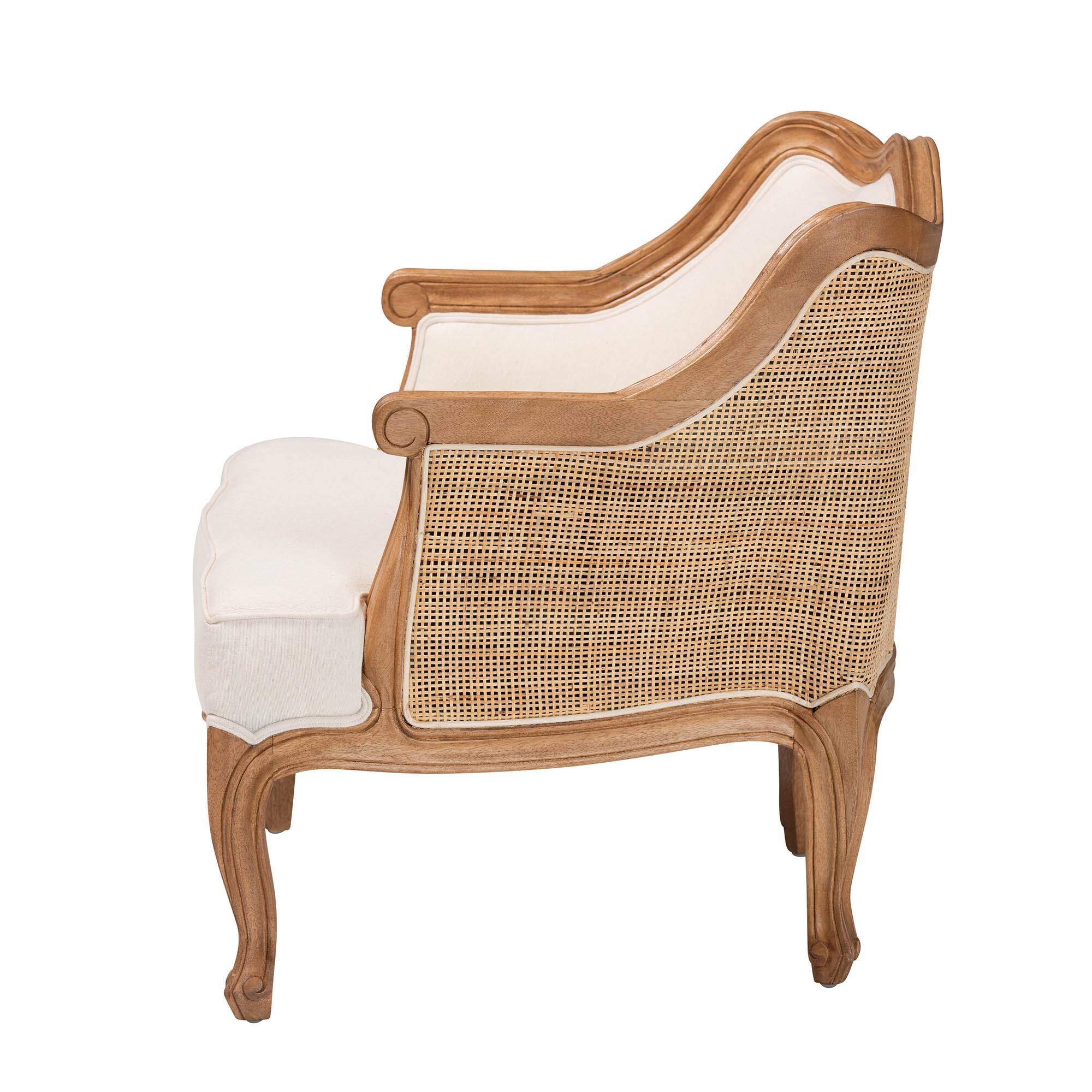 Left. bali & pari - Sylvestra Traditional French Fabric and Honey Oak Finished Wood Low Seat Accent Chair - Beige/Honey Oak.
