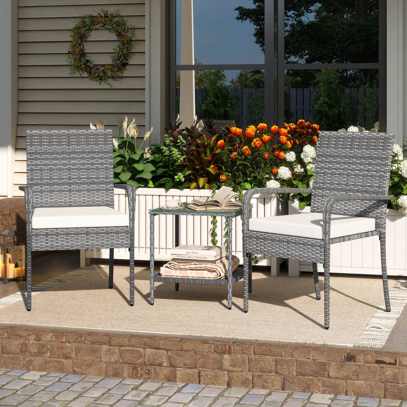 Alt View 1. Costway - Costway 3 PCS Patio Furniture Set with Seat Cushions & Tempered Glass Tabletop - Gray,White.