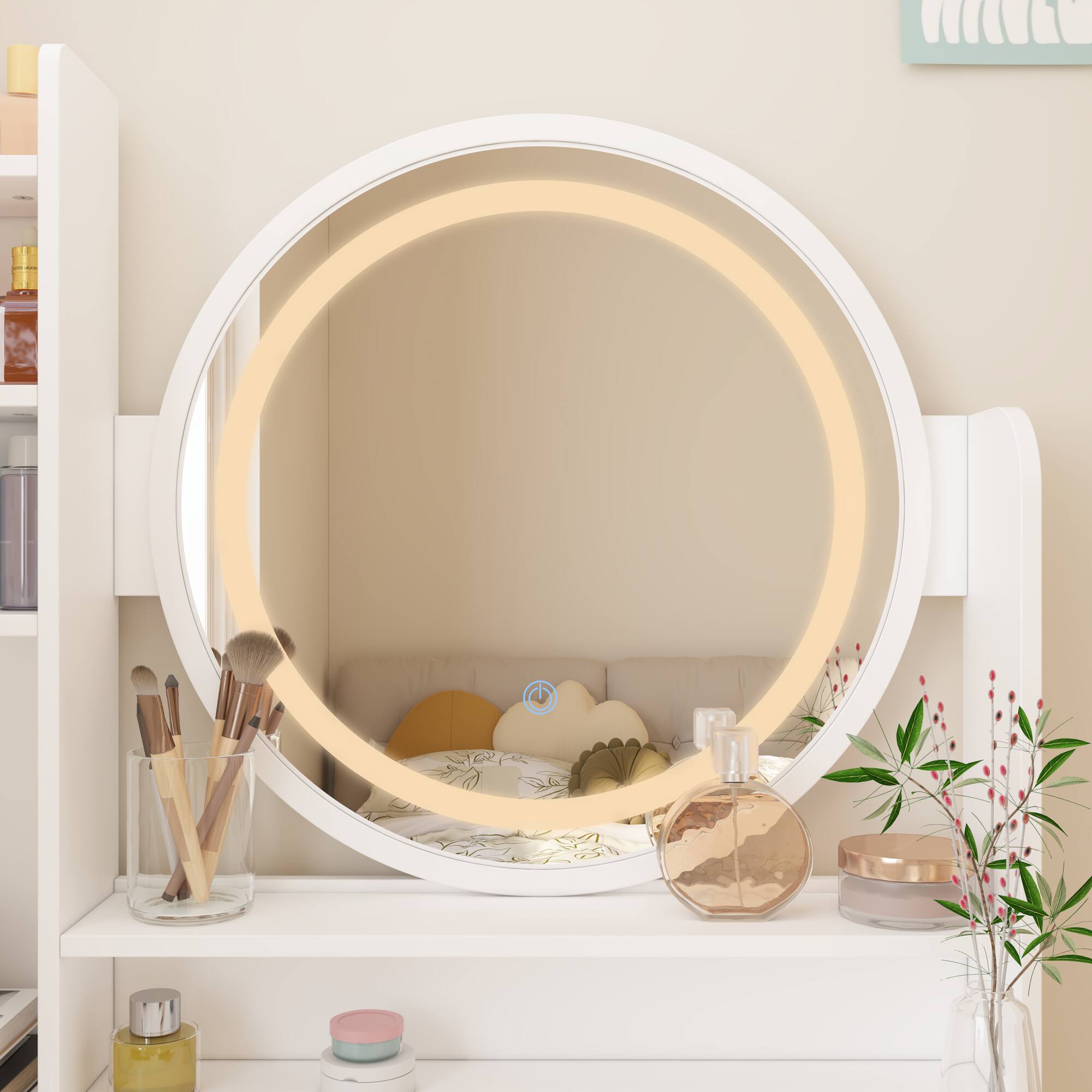 Alt View 9. Famapy - Vanity Desk with 3-Color LED Mirror & Upholstered Stool, Makeup Table with Drawers & Shelves for Bedroom - White.