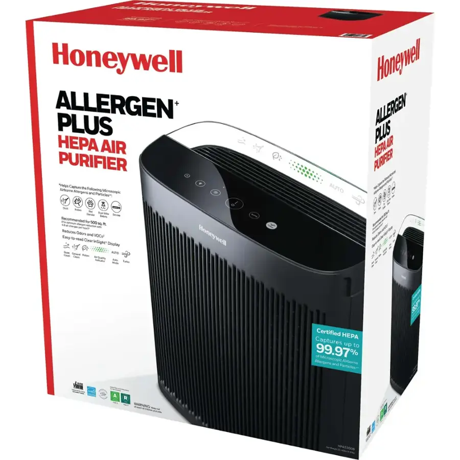 Honeywell Allergen Plus Air Purifier. Certified to capture up to 99.97% of microscopic allergens and airborne particles. Recommended by Allergists. Reduces odors and VOCs. Easy to use and maintain. Clear display.