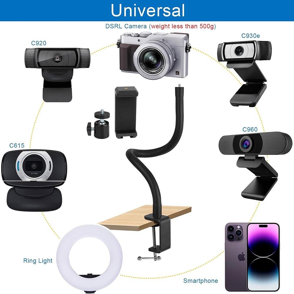 Universal

DSRL Camera (weight less than 500g)

C920  
C615  
Ring Light  
C930e  
C960  
Smartphone