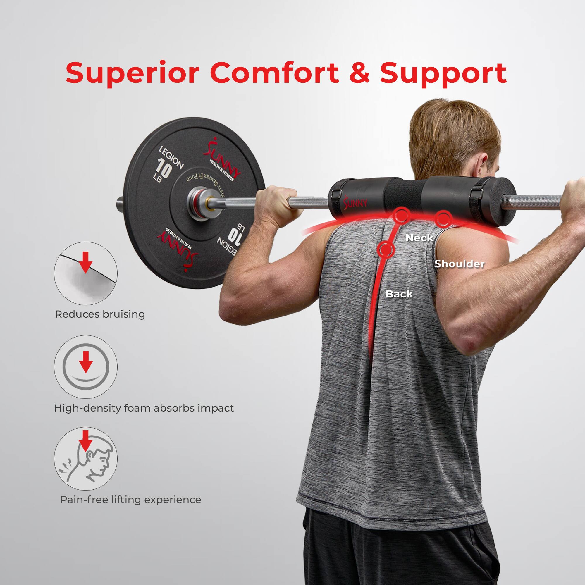 Superior Comfort & Support

- Reduces bruising
- High-density foam absorbs impact
- Pain-free lifting experience

LEGION SUNNY 10 LB

Neck
Shoulder
Back