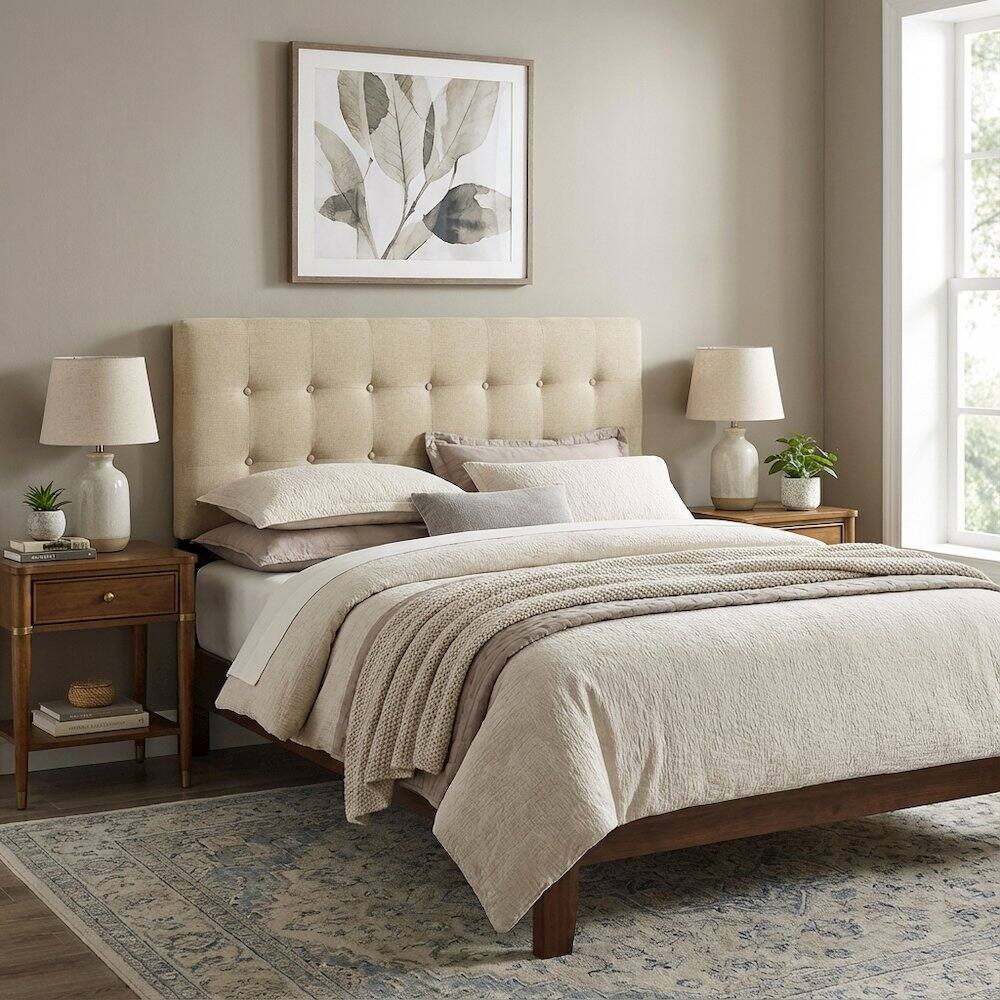 Left. FurniFact - Upholstered Fabric King Headboard in Neutral Tone with Padded Design - Beige.