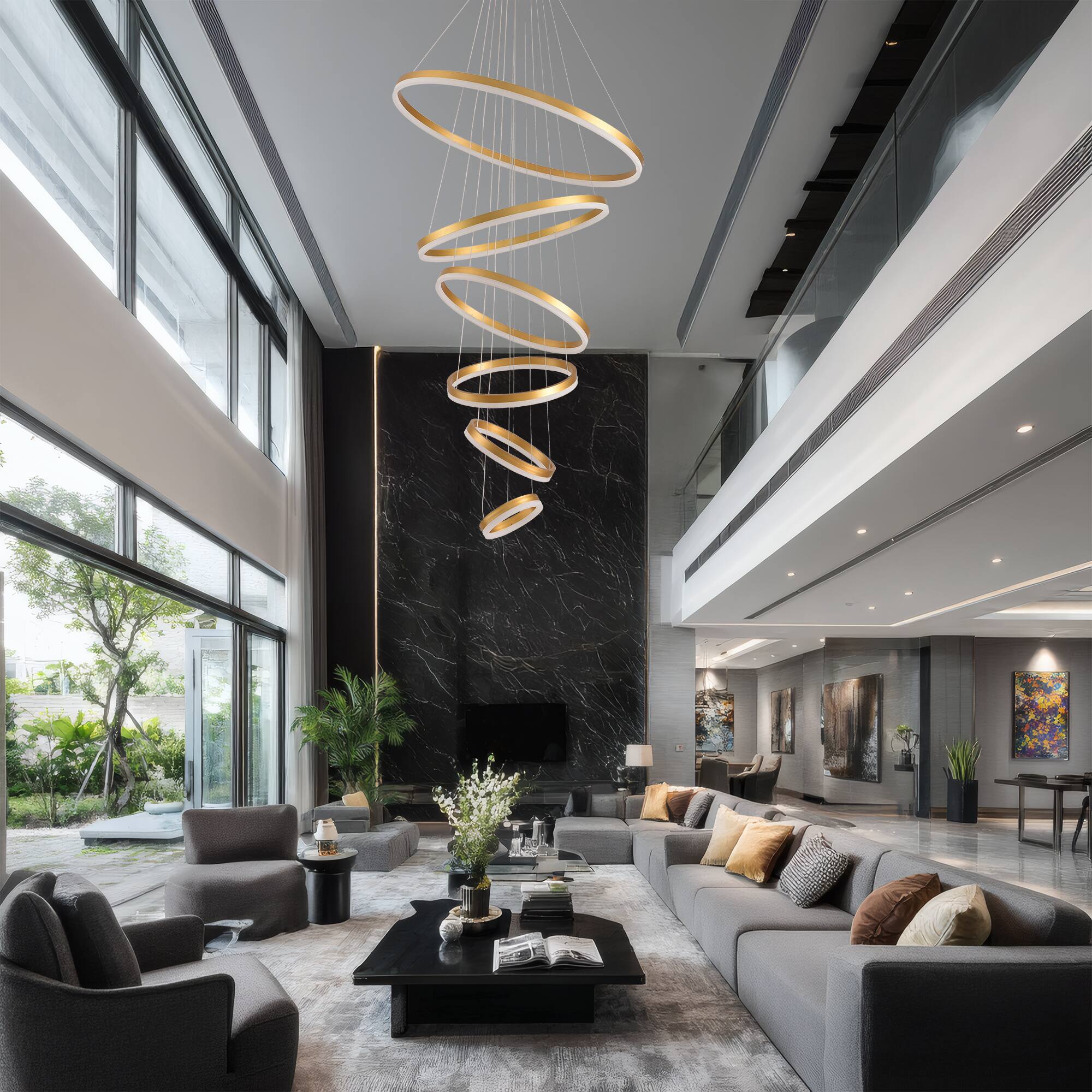 Alt View 1. RYHNUYNE - Modern 6-Ring LED Chandelier for High Ceilings Large Adjustable Pendant Light with Remote Control Dimmable - Gold.