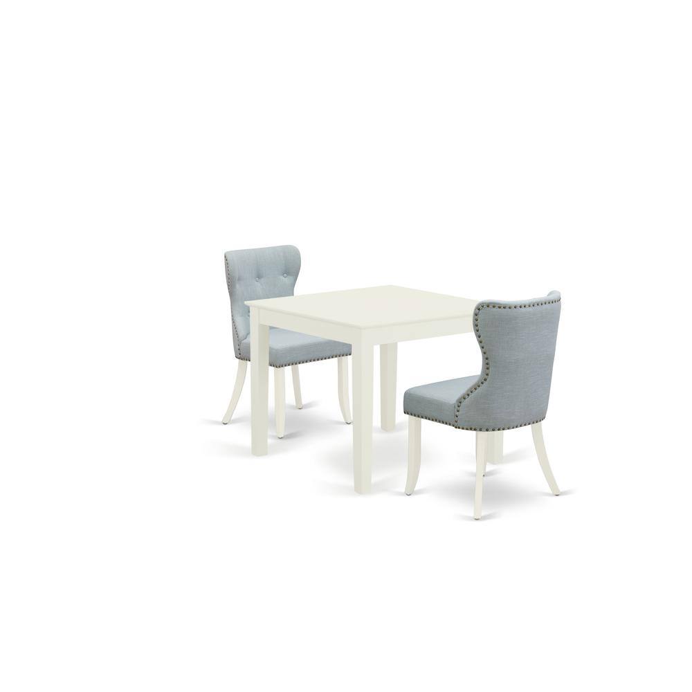 Left. East West Furniture - East-West Furniture OXSI3-LWH-15 - A dining room table set of 2 great dining room chairs with Linen Fabric Baby Blue - Linen White.
