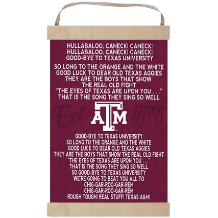 HULLABALOO, CANECK! CANECK!
HULLABALOO, CANECK! CANECK!
GOOD-BYE TO TEXAS UNIVERSITY
SO LONG TO THE ORANGE AND THE WHITE
GOOD LUCK TO DEAR OLD TEXAS AGGIES
THEY ARE THE BOYS THAT SHOW THE REAL OLD FIGHT
"THE EYES OF TEXAS ARE UPON YOU..."
THAT IS THE SONG THEY SING SO WELL
GOOD-BYE TO TEXAS UNIVERSITY
SO LONG TO THE ORANGE AND THE WHITE
GOOD LUCK TO DEAR OLD TEXAS AGGIES
THEY ARE THE BOYS THAT SHOW THE REAL OLD FIGHT
"THE EYES OF TEXAS ARE UPON YOU..."
THAT IS THE SONG THEY SING SO WELL
SO GOOD-BYE TO TEXAS UNIVERSITY
WE'RE GOING TO BEAT YOU ALL TO
CHIG-GAR-ROO-GAR-REM
CHIG-GAR-ROO-GAR-REM
ROUGH TOUGH! REAL STUFF! TEXAS A&M!
A&M
1876
TEXAS UNIVERSITY
ORANGE AND THE WHITE
OLD TEXAS AGGIES
SHOW THE REAL OLD FIGHT
"THE EYES OF TEXAS ARE UPON YOU..."
THAT IS THE SONG THEY SING SO WELL
SO GOOD-BYE TO TEXAS UNIVERSITY
WE'RE GOING TO BEAT YOU ALL TO
CHIG-GAR-ROO-GAR-REM
CHIG-GAR-ROO-GAR-REM
ROUGH TOUGH! REAL STUFF! TEXAS A&M!