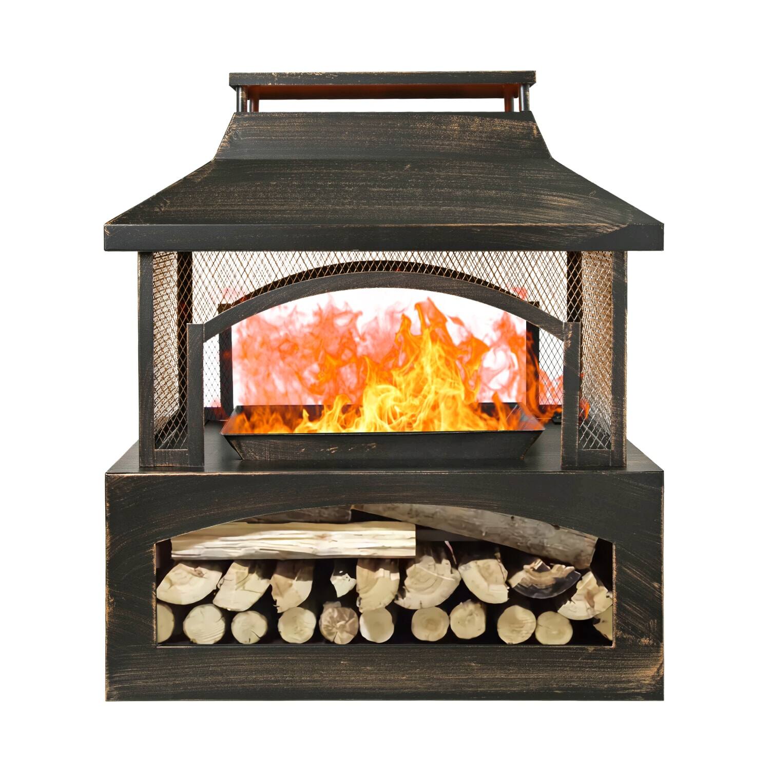 Alt View 4. Lirago - 37 Inch Bronze Rectangular Steel Wood Burning Fire Pit with Log Storage Outdoor Fireplace for Patio Backyard - Brown.