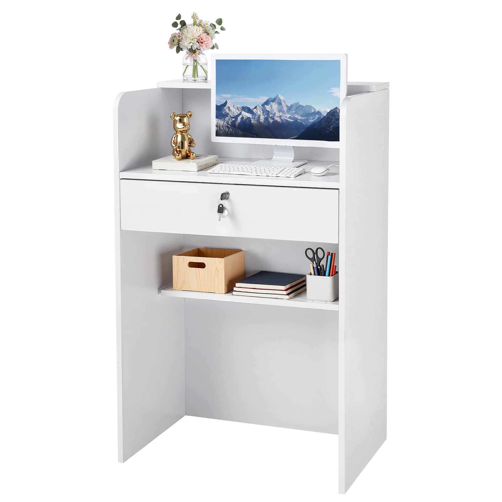 VEVOR - Reception Desk, 23.6 inch Rectangular Front Counter Table, Modern Office Reception Desk with Drawer, Small Minimalist - White
