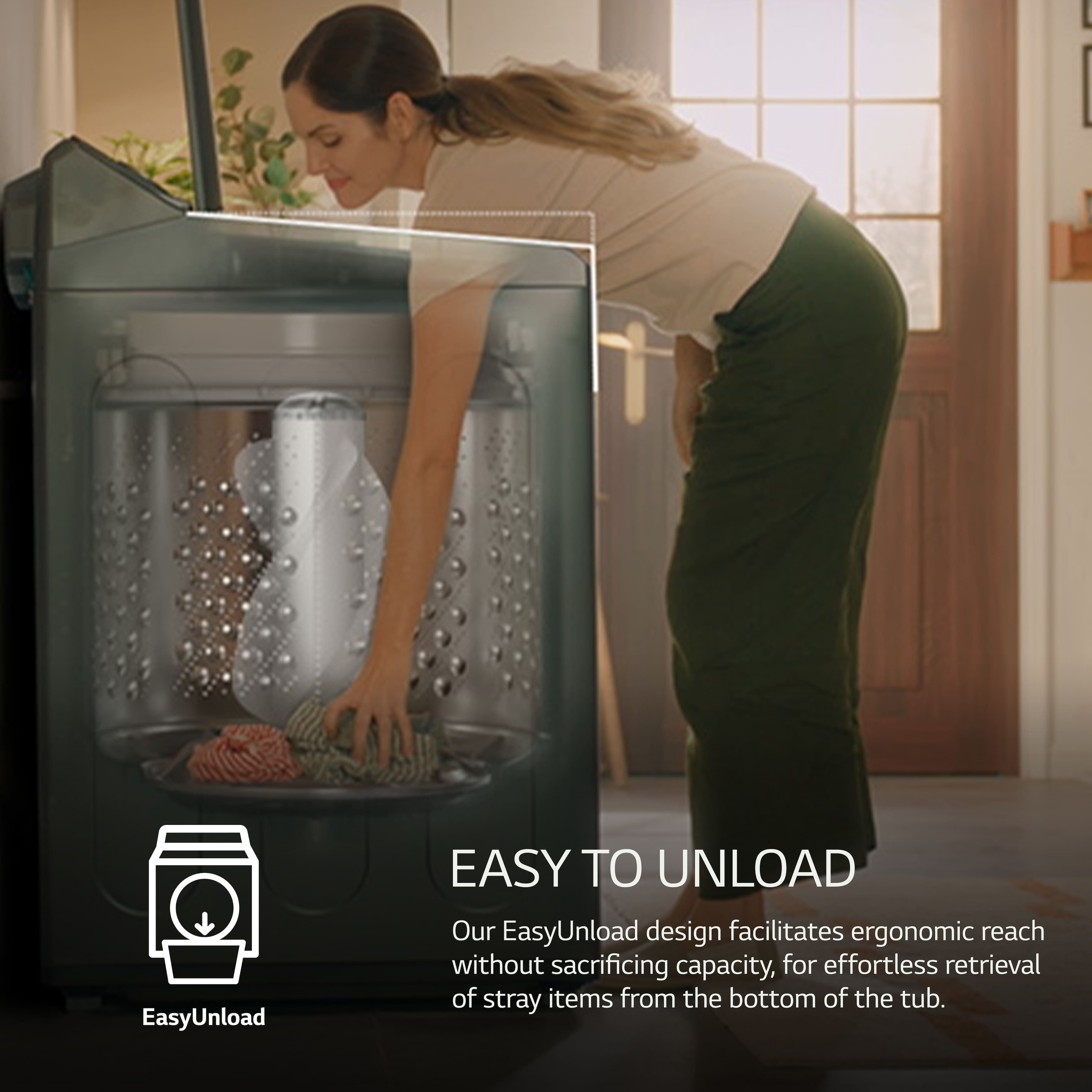 EasyUnload: Easy To Unload. Our EasyUnload design facilitates ergonomic reach without sacrificing capacity, for effortless retrieval of stray items from the bottom of the tub.
