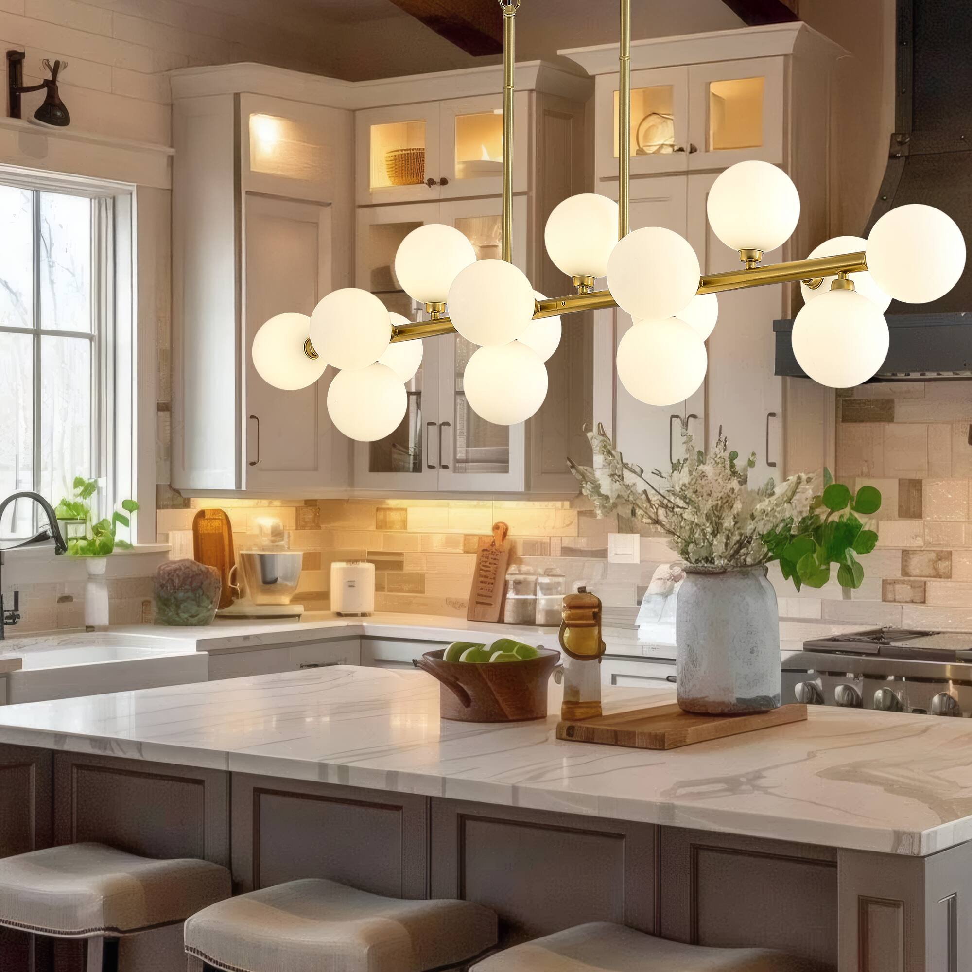 Left. RYHNUYNE - 55 Inch Linear Sputnik Chandelier 16-Light Pendant with Cream Opaline Glass Globes Mid-Century Kitchen Island Lighting.