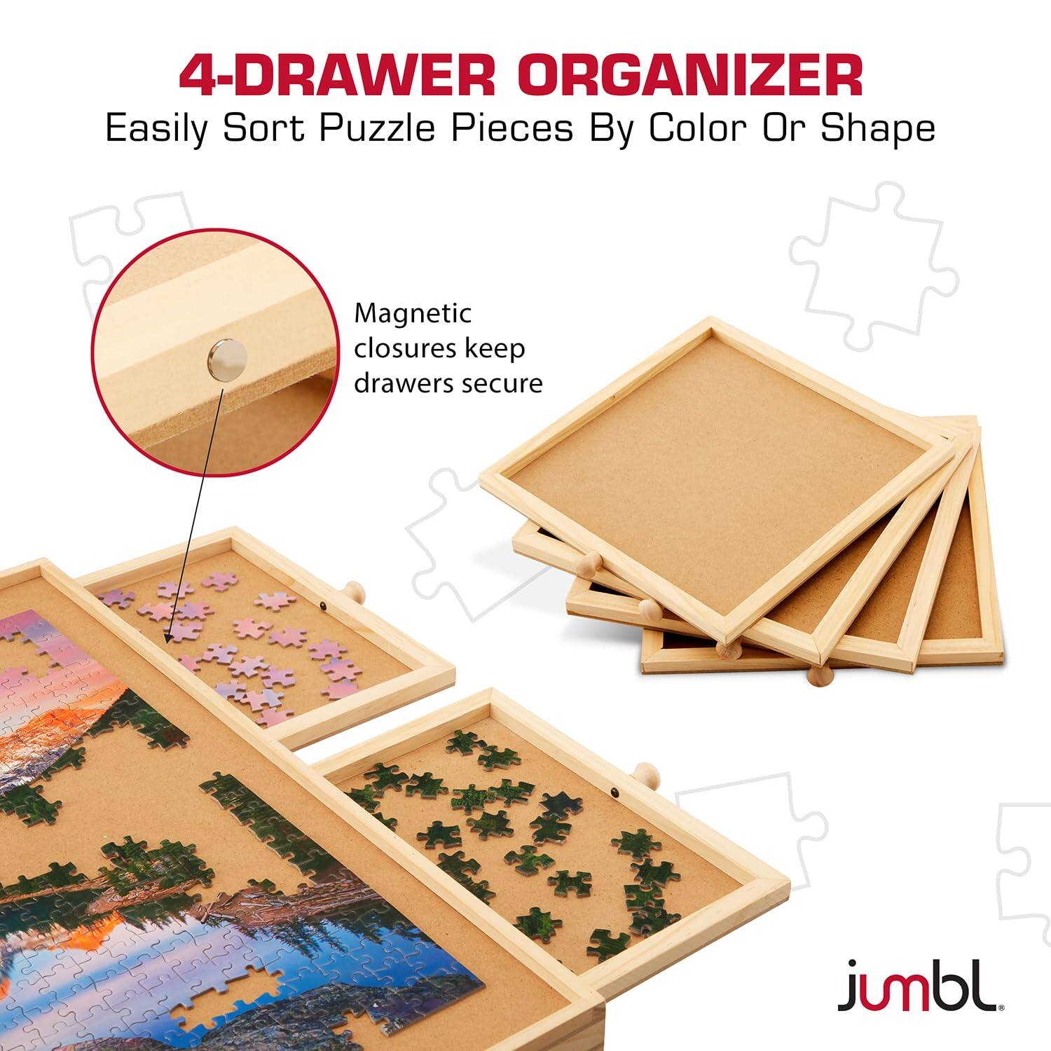 4-Drawer Organizer  
Easily Sort Puzzle Pieces By Color Or Shape  

Magnetic closures keep drawers secure  

jumbl.