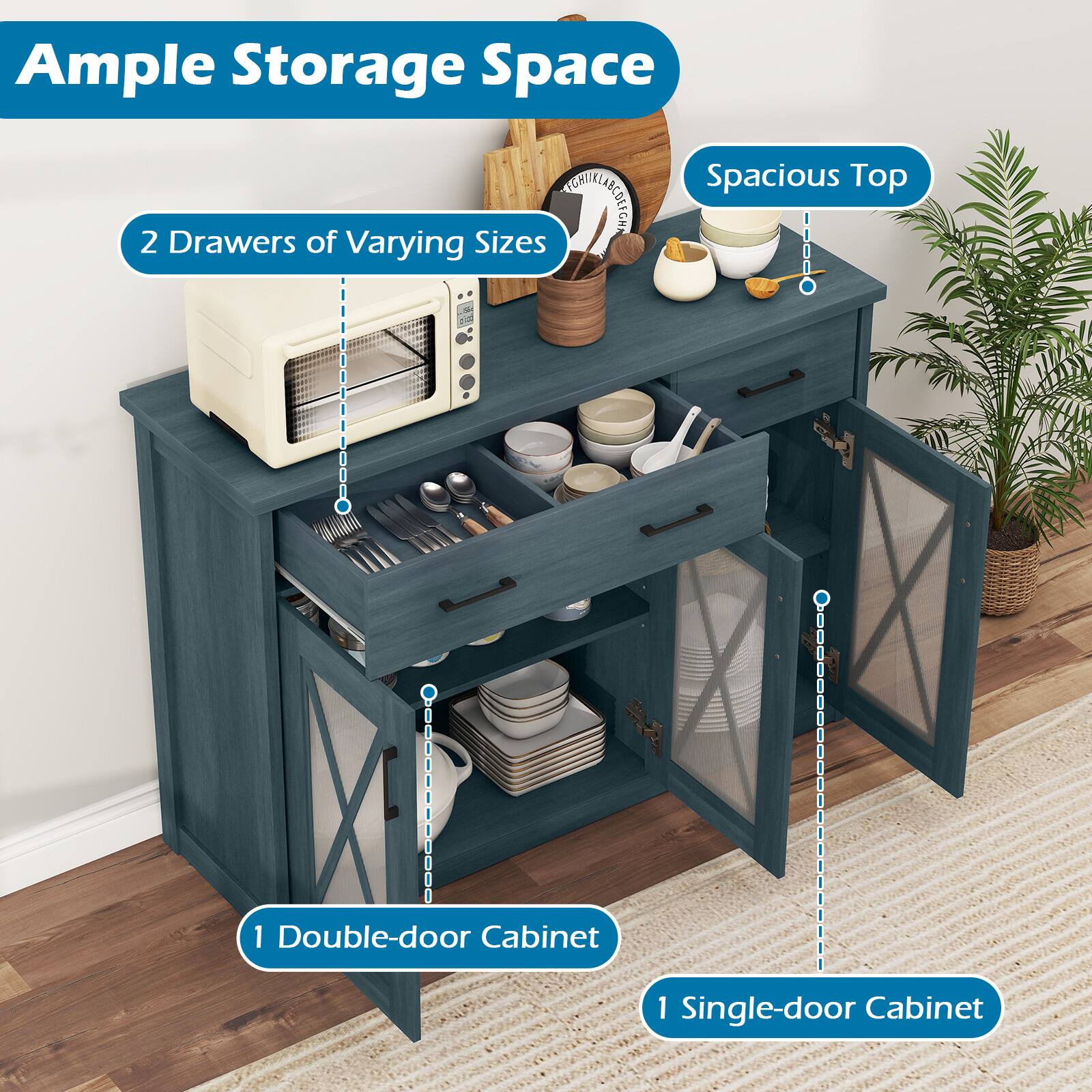 Ample Storage Space  
- 2 Drawers of Varying Sizes  
- 1 Double-door Cabinet  
- 1 Single-door Cabinet  
- Spacious Top