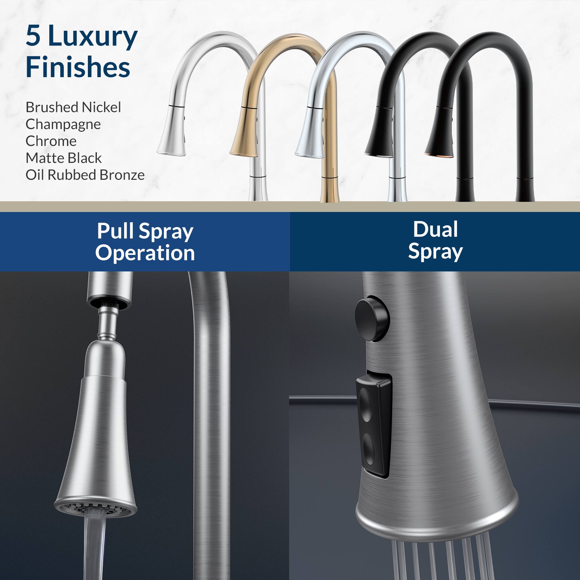 5 Luxury Finishes  
- Brushed Nickel  
- Champagne Chrome  
- Matte Black  
- Oil Rubbed Bronze  

Pull Spray Operation  
Dual Spray