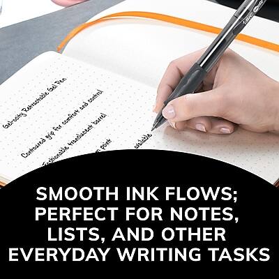 Sure, here is the corrected and grouped text:

**Product Description:**
- Aic Pen Gel Retractable
- Comfort barrel
- Contoured design
- Translucent point
- Smooth ink flows
- Perfect for notes, lists, and other everyday writing tasks

**Text on the Image:**
- "SMOOTH INK FLOWS; PERFECT FOR NOTES, LISTS, AND OTHER EVERYDAY WRITING TASKS"