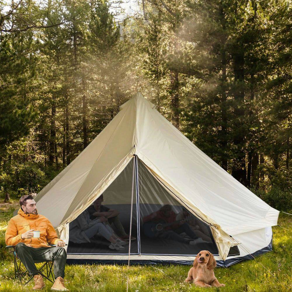 Angle. Resenkos - 16.5’x16.5'x10' 10-Person Waterproof Camping Yurt Tent, Unique Style, Spacious Interior & Breathable Design - Beige.