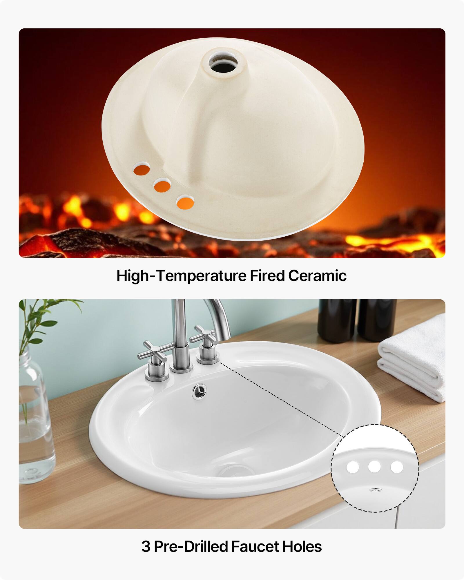 High-Temperature Fired Ceramic

3 Pre-Drilled Faucet Holes