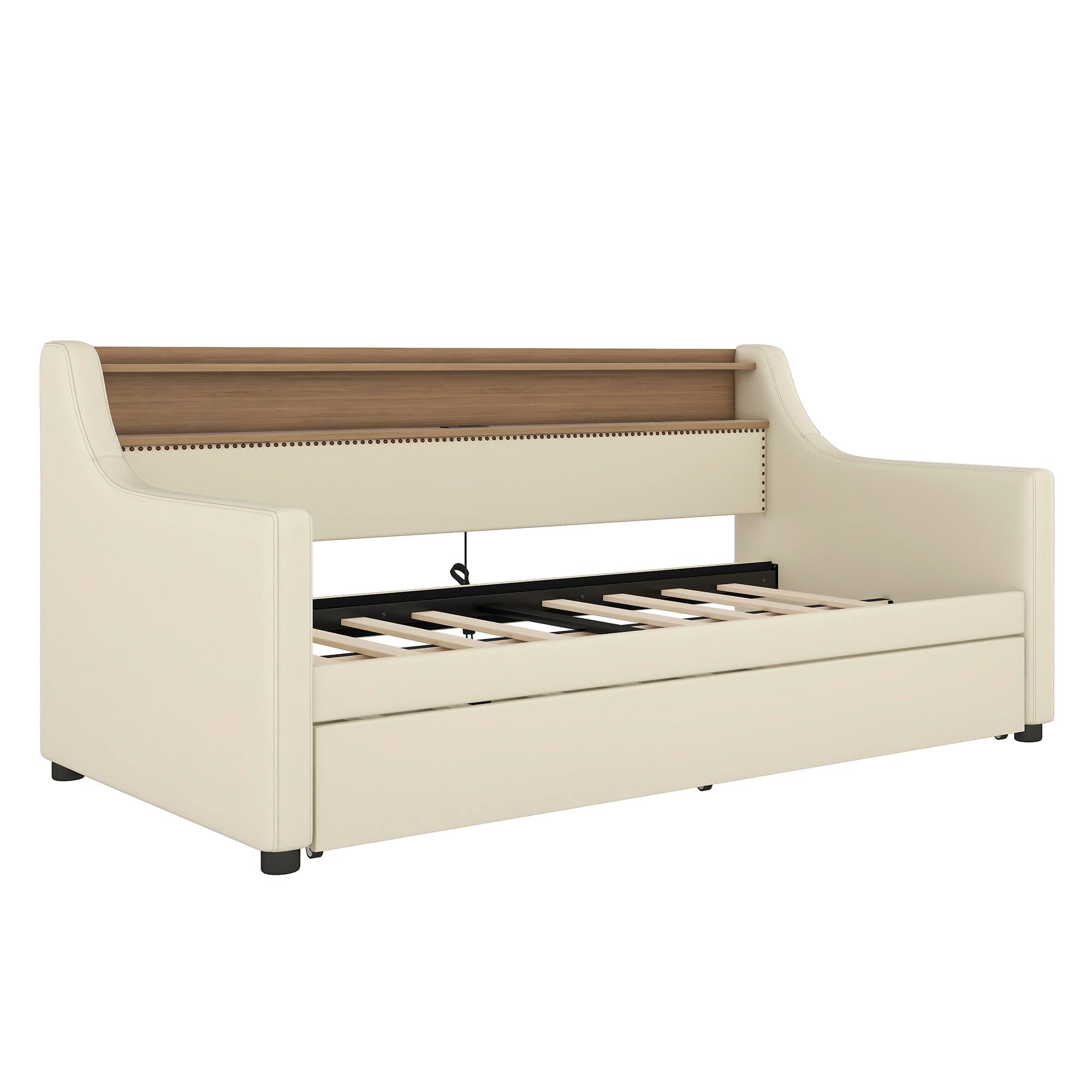 Back. PexFix - Twin Daybed with Trundle, LED Lights & Charging Station, Upholstered Bed for Guest Room - Beige.