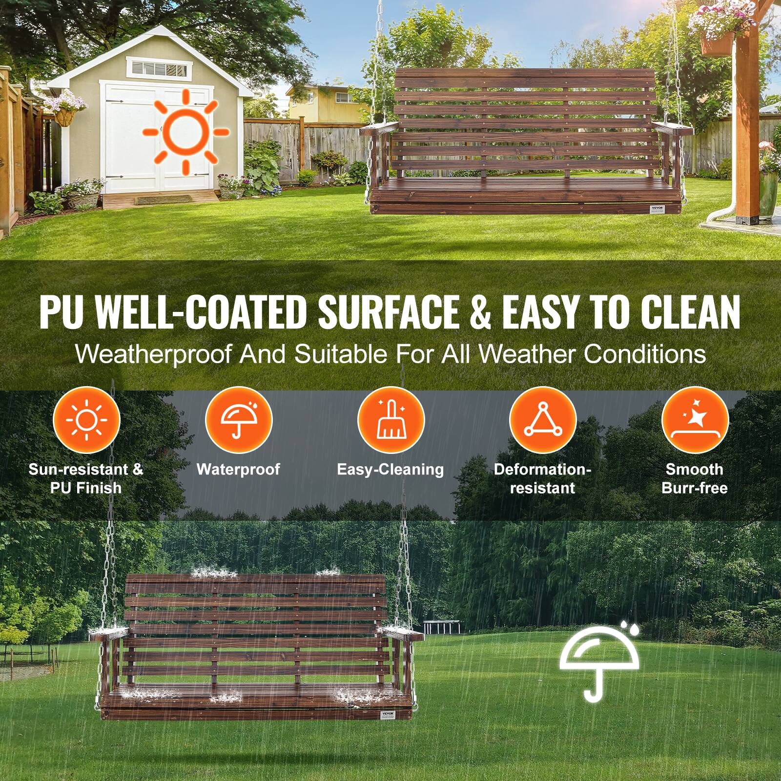 The text in the image can be grouped and corrected as follows:

**Features:**
- PU Well-Coated Surface & Easy to Clean
- Weatherproof and Suitable for All Weather Conditions
- Sun-resistant & PU Finish
- Waterproof
- Easy-Cleaning
- Deformation-resistant
- Smooth
- Burr-free

This text highlights the durability and ease of maintenance of the product, emphasizing its suitability for various weather conditions.