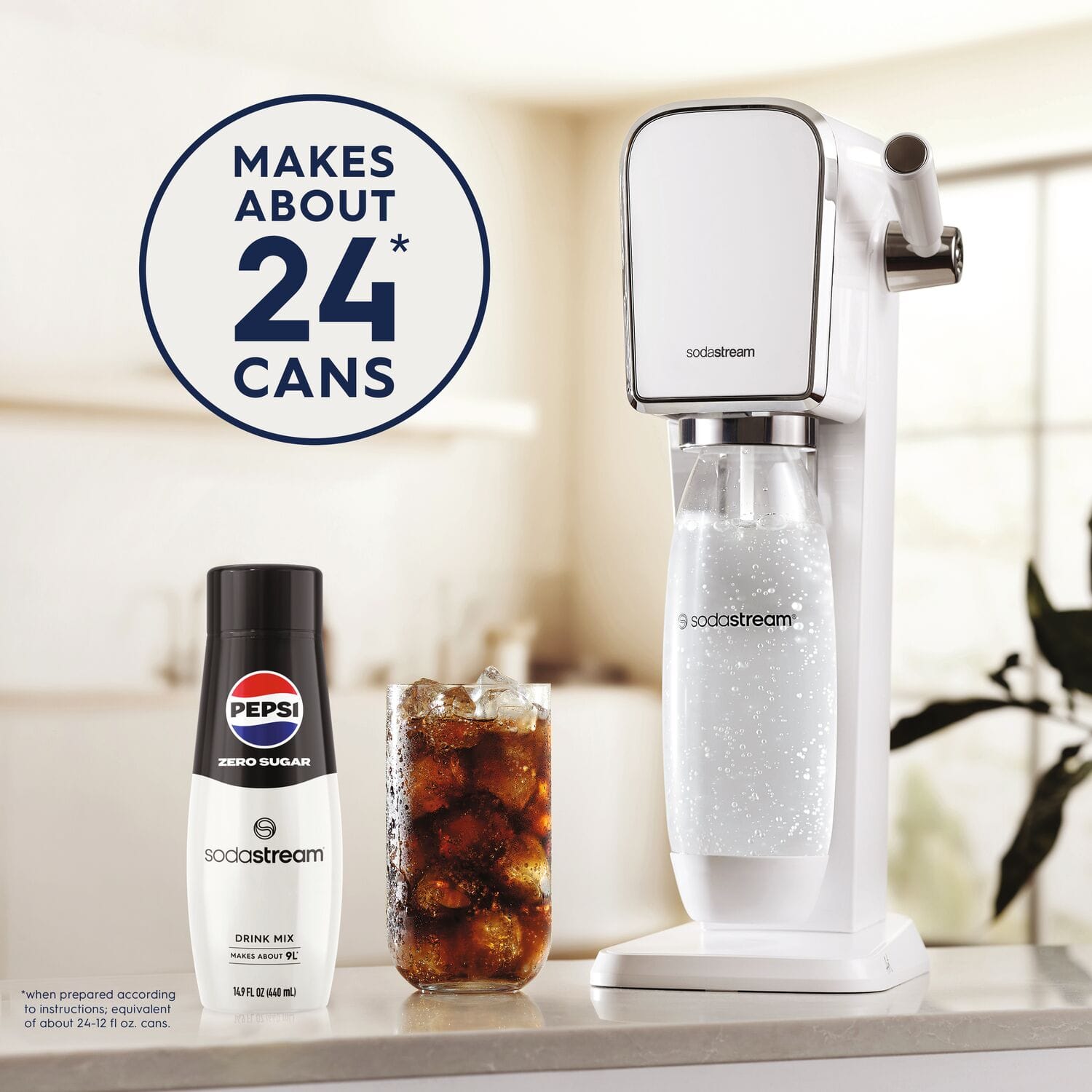 The text on the image is already grouped and correctly written. It reads: "Makes about 24 CANS sodastream 9 sodastream PEPSI ZEHO SUGAR sodastream ORINK MIX HAREs ARUUT SL "when prepared according to instructions: equivalent of about 24-12 oZ cons 148FL az 48 mL."