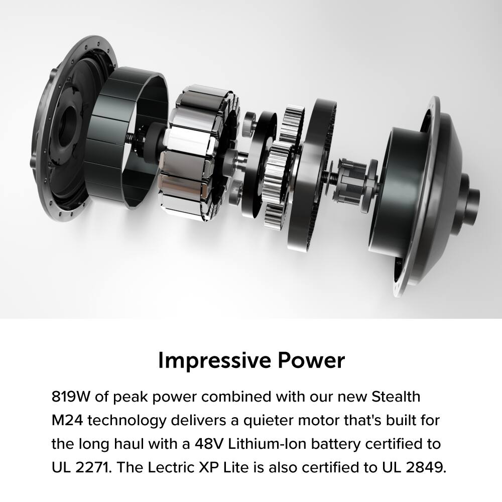 Impressive Power: 819W of peak power combined with our new Stealth M24 technology delivers a quieter motor that's built for the long haul with a 48V Lithium-ion battery certified to UL 2271. The Lectric X Lite is also certified to UL 2849.