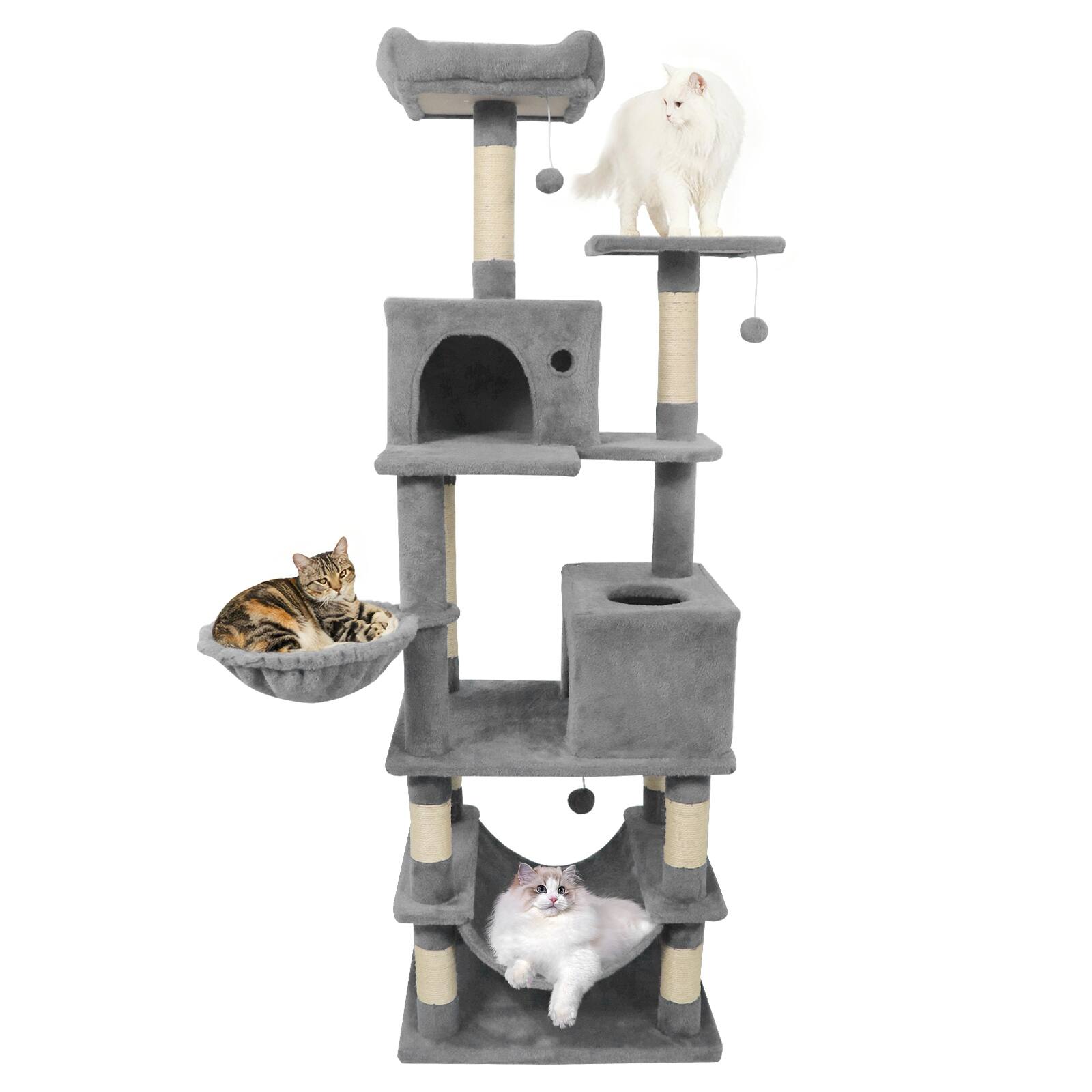 Alt View 9. Gymax - Gymax 66'' Tall Cat Tree w/2 Condos Sisal Scratching Posts Plush Perch Hammock Basket Light Gray.