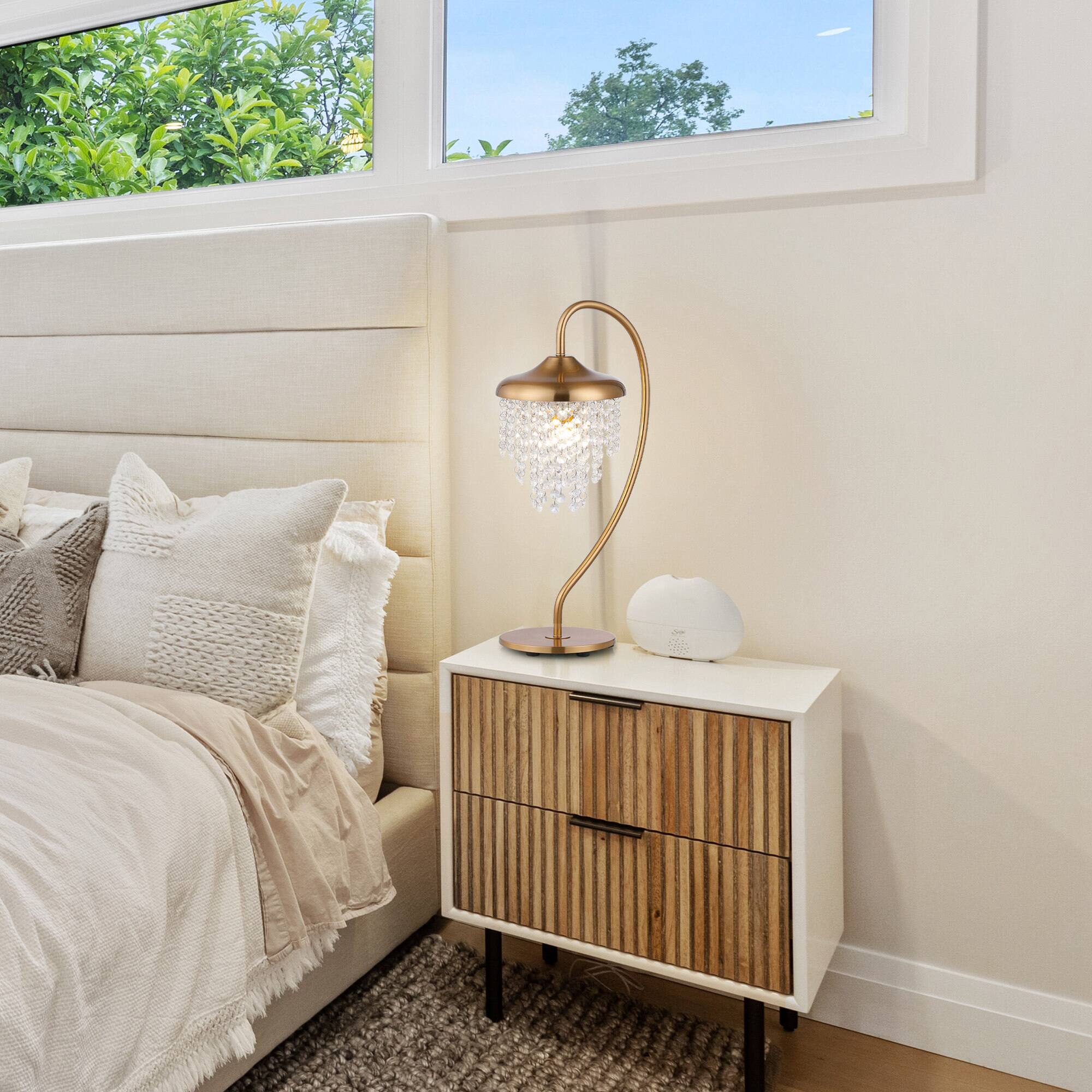 Left. Parrot Uncle - 21" Modern Arched Table Lamp with Hanging Crystal and Dimmable Switch - Gold.