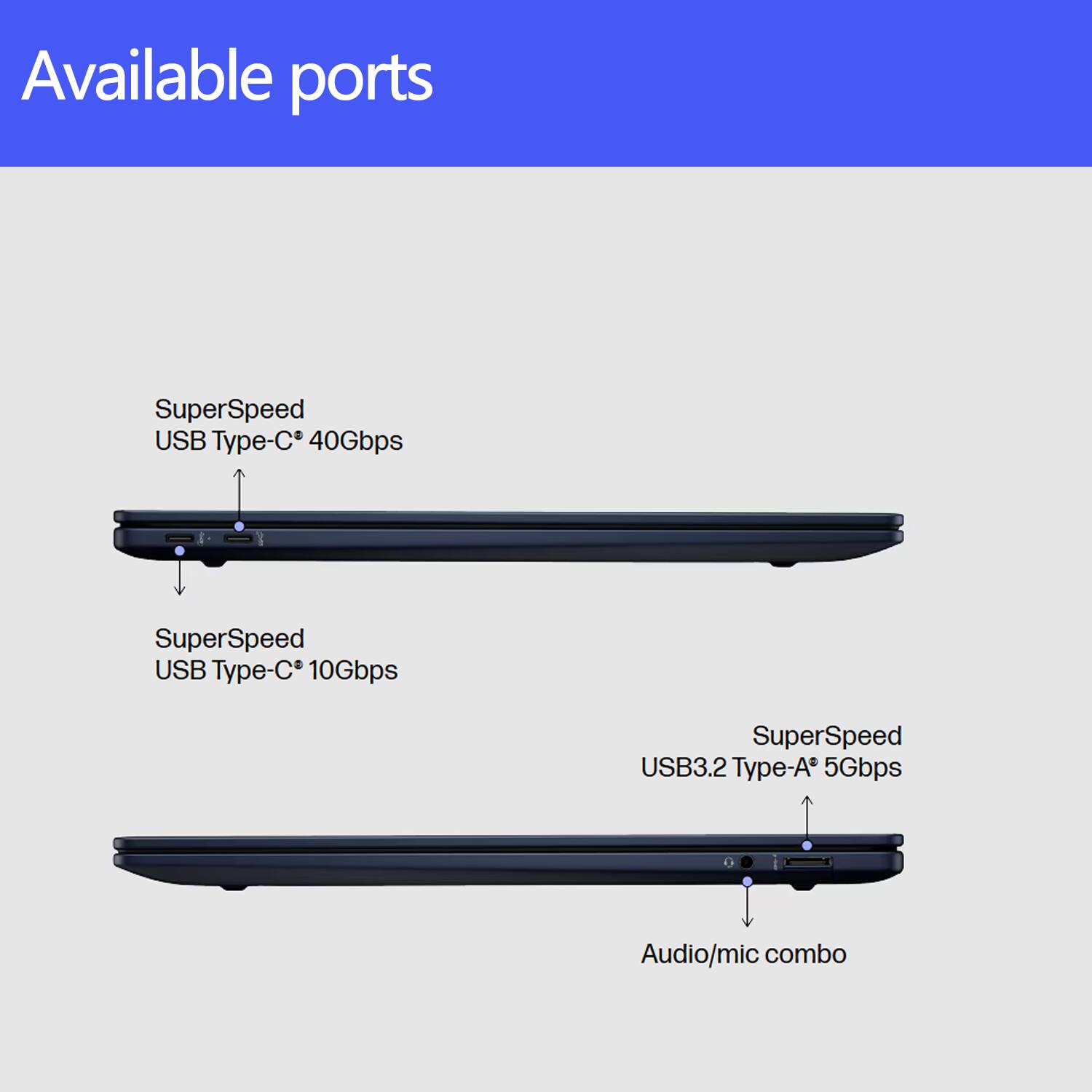 Available ports

- SuperSpeed USB Type-C 40Gbps
- SuperSpeed USB Type-C 10Gbps
- SuperSpeed USB3.2 Type-A 5Gbps
- Audio/mic combo