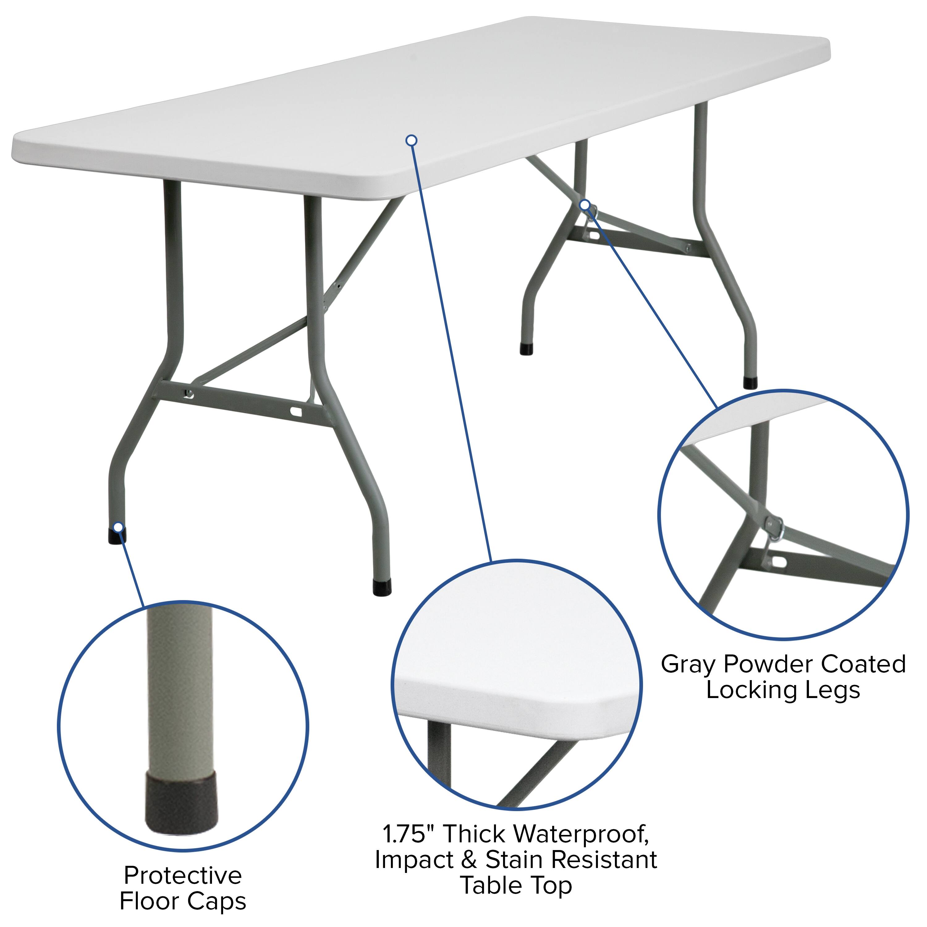 Gray Powder Coated Locking Legs  
Protective Floor Caps  
1.75" Thick Waterproof, Impact & Stain Resistant Table Top