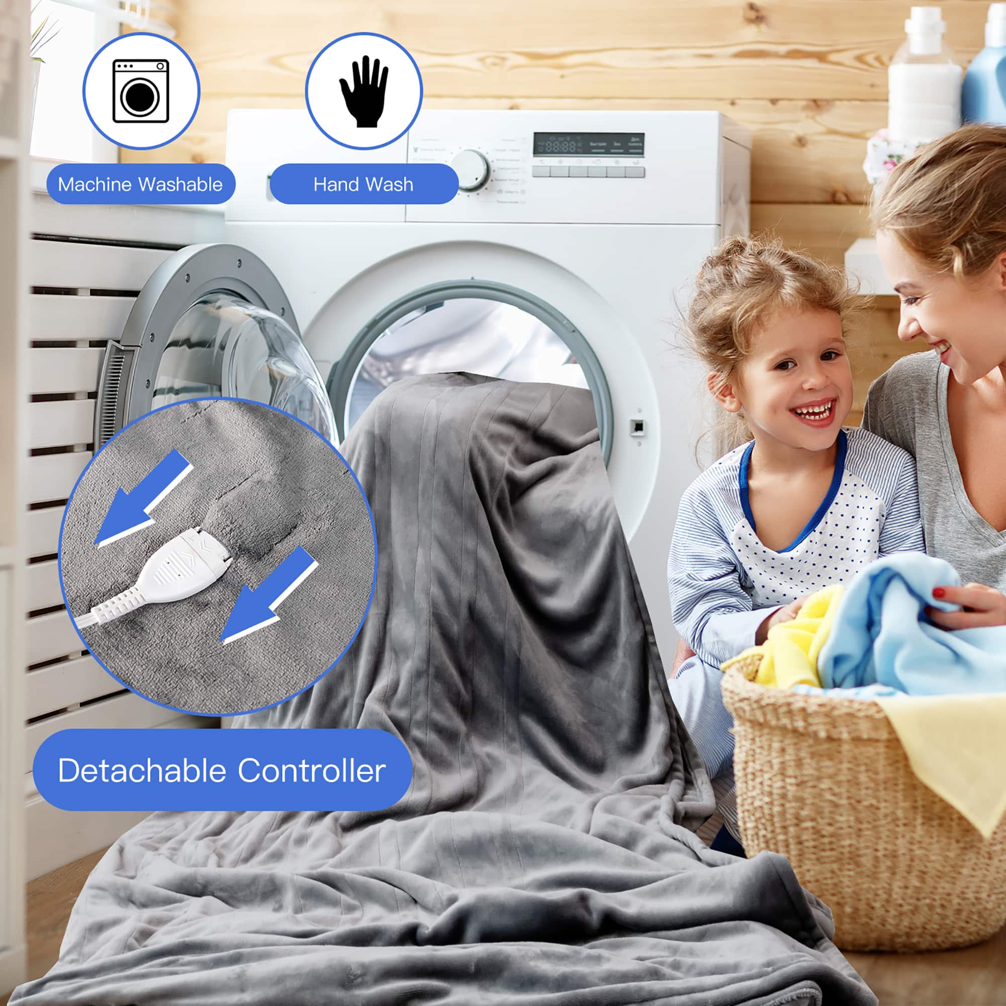 The text on the image is grouped as follows:
1. Machine Washable: This refers to the washing machine in the image.
2. Hand Wash: This refers to the handwashing process that the woman and child are engaged in.
3. Detachable Controller: This refers to the detachable controller on the washing machine, which allows for easy use and control of the machine.