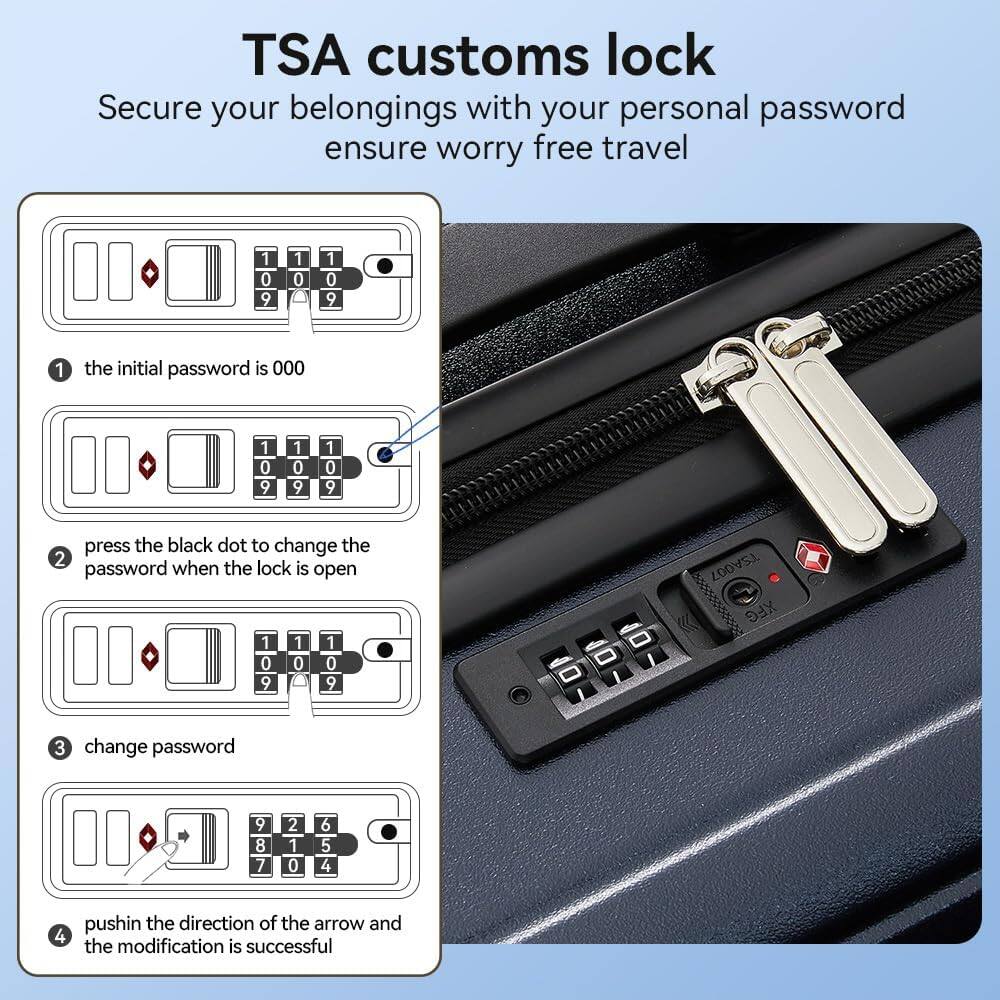 TSA customs lock  
Secure your belongings with your personal password ensure worry free travel  

1. the initial password is 000  
2. press the black dot to change the password when the lock is open  
3. change password  
4. push in the direction of the arrow and the modification is successful